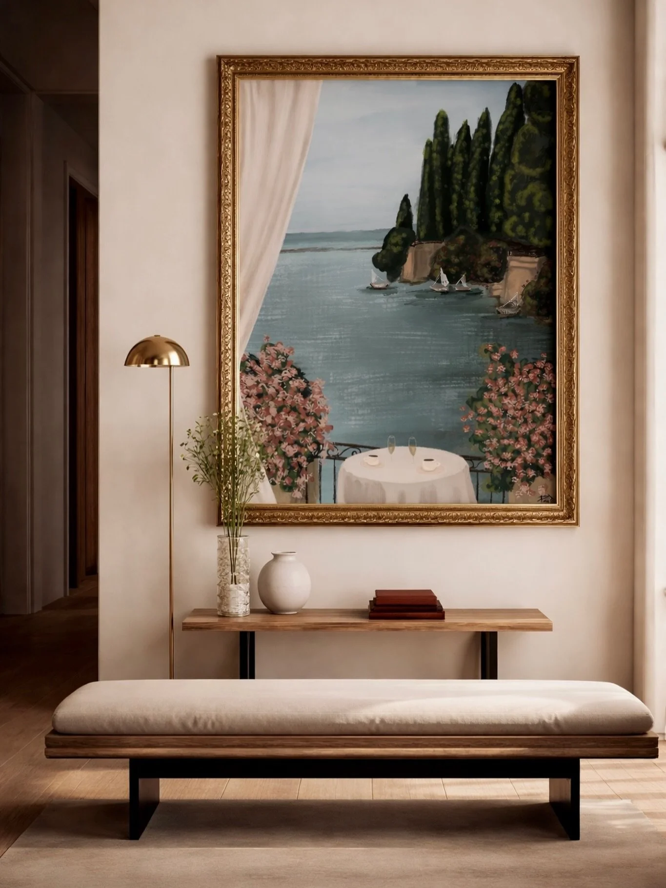 Art by @poojagurudatt 

Who cares what your actual window looks like.
Brick wall. Parking lot. Two pigeons judging you from a wire.
Hang your own horizon.
If the view outside is boring, build one inside.
Lake breeze. Cypress silhouettes. 
Slow sailbo