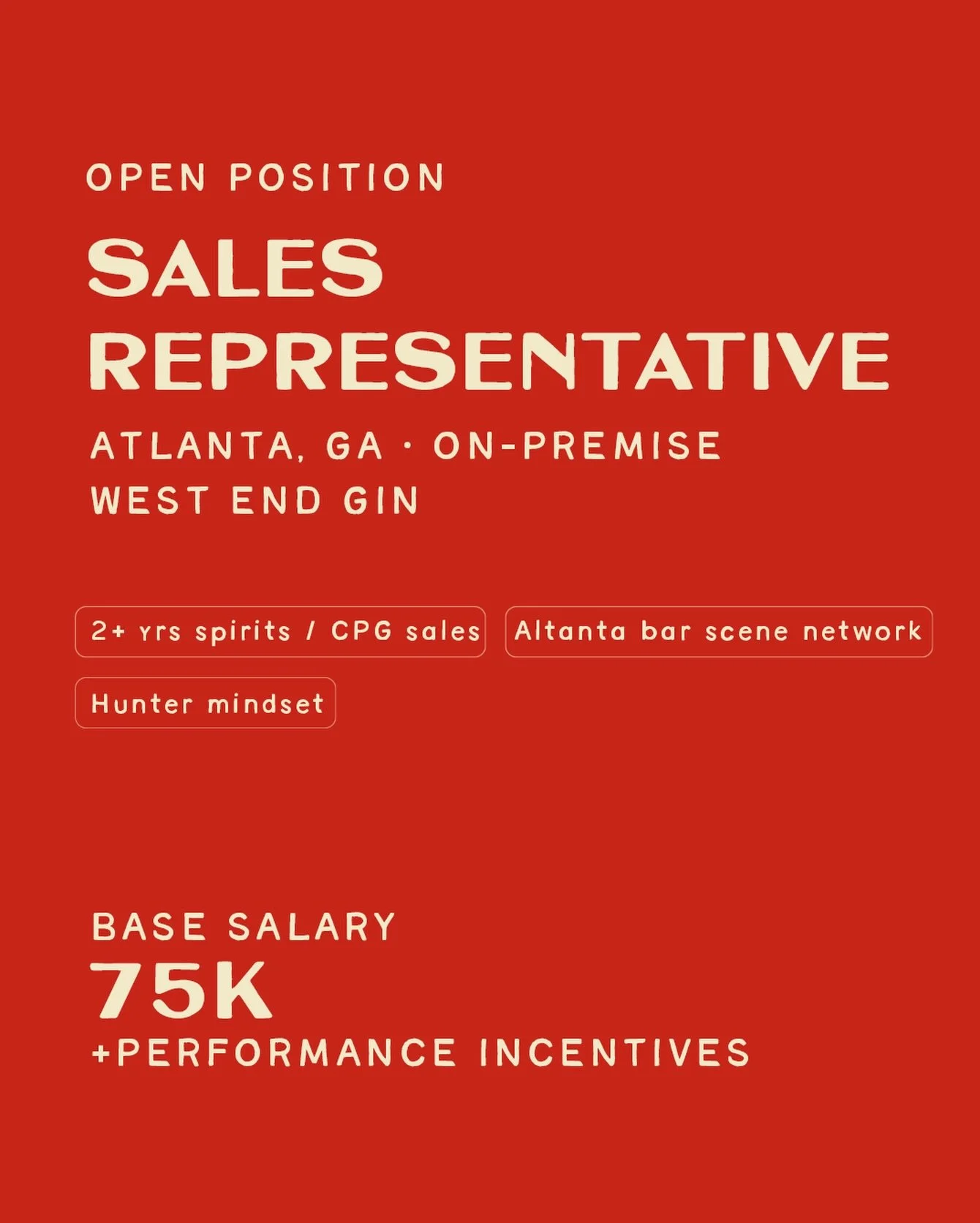 Atlanta, we&rsquo;re looking for somebody outside.

West End Gin is looking for a Sales Representative to help build our presence across the city&rsquo;s bars, restaurants, lounges, and cocktail scene.

We want somebody connected.
Somebody who can op