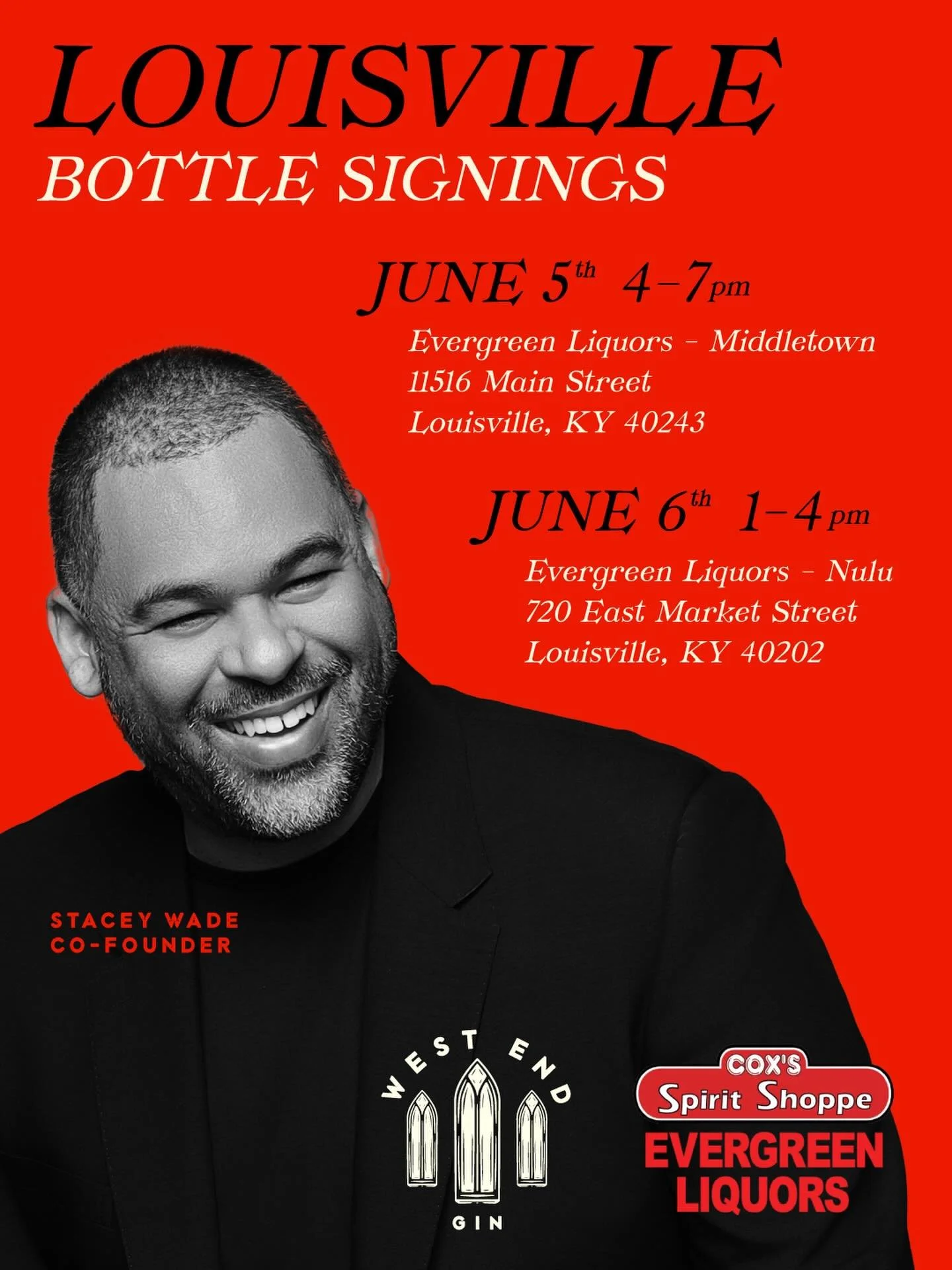 Join us this week as our West End Gin Co-Founder, Stacey Wade, makes a stop at two @coxs_evergreen_liquor locations: Evergreen Liquors [Middletown] and Evergreen Liquors [Nulu] for two days of tastings and good vibes!

📍June 5th | 4&ndash;7pm
 Everg