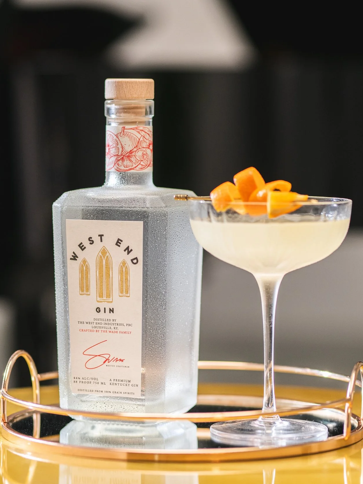 Light cocktail in a cocktail glass with an orange garnish on a serving tray with a square gin bottle