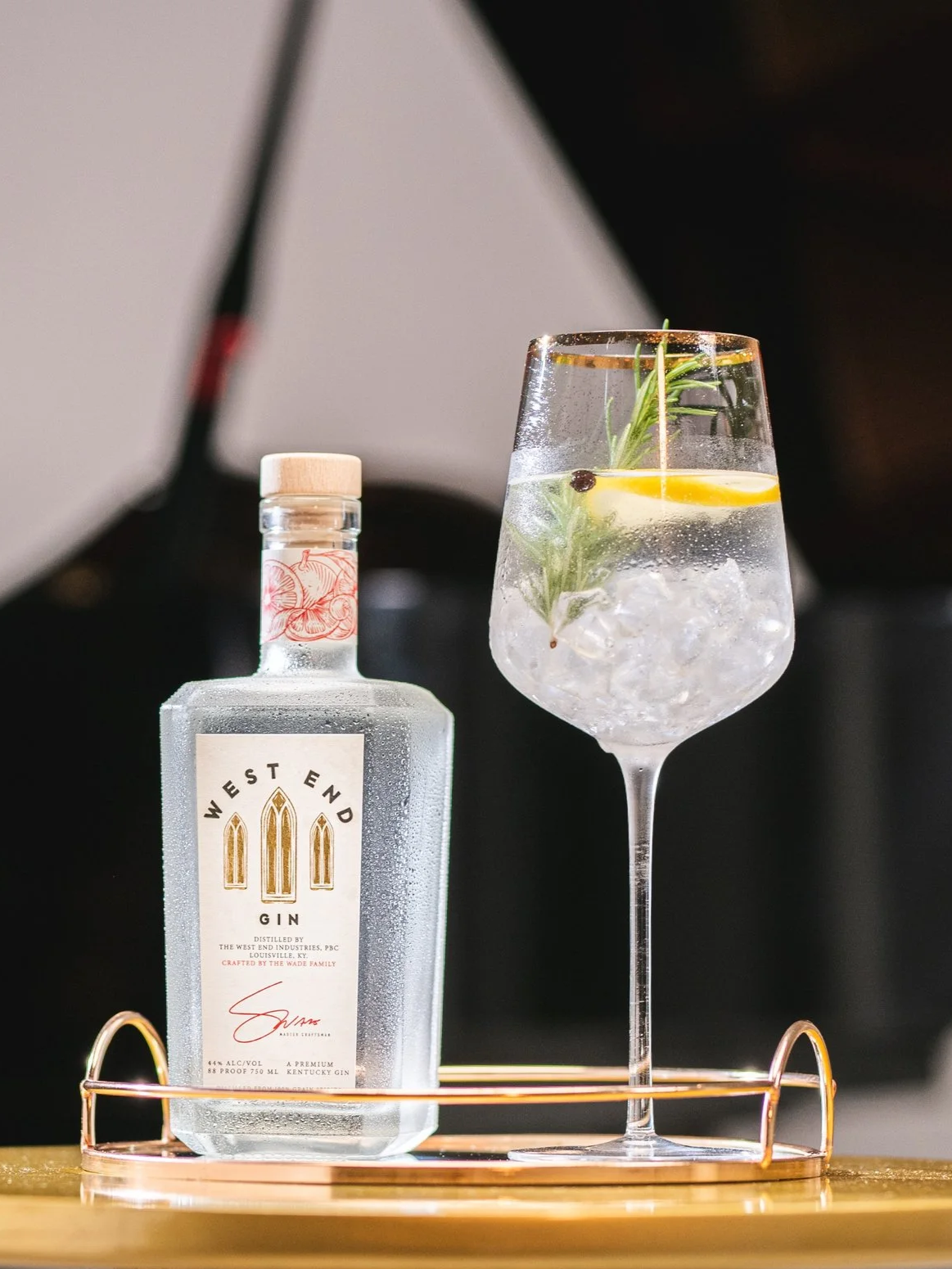 Clear cocktail garnished wtih lemon and rosemary in a wine glass on a serving tray with a square gin bottle