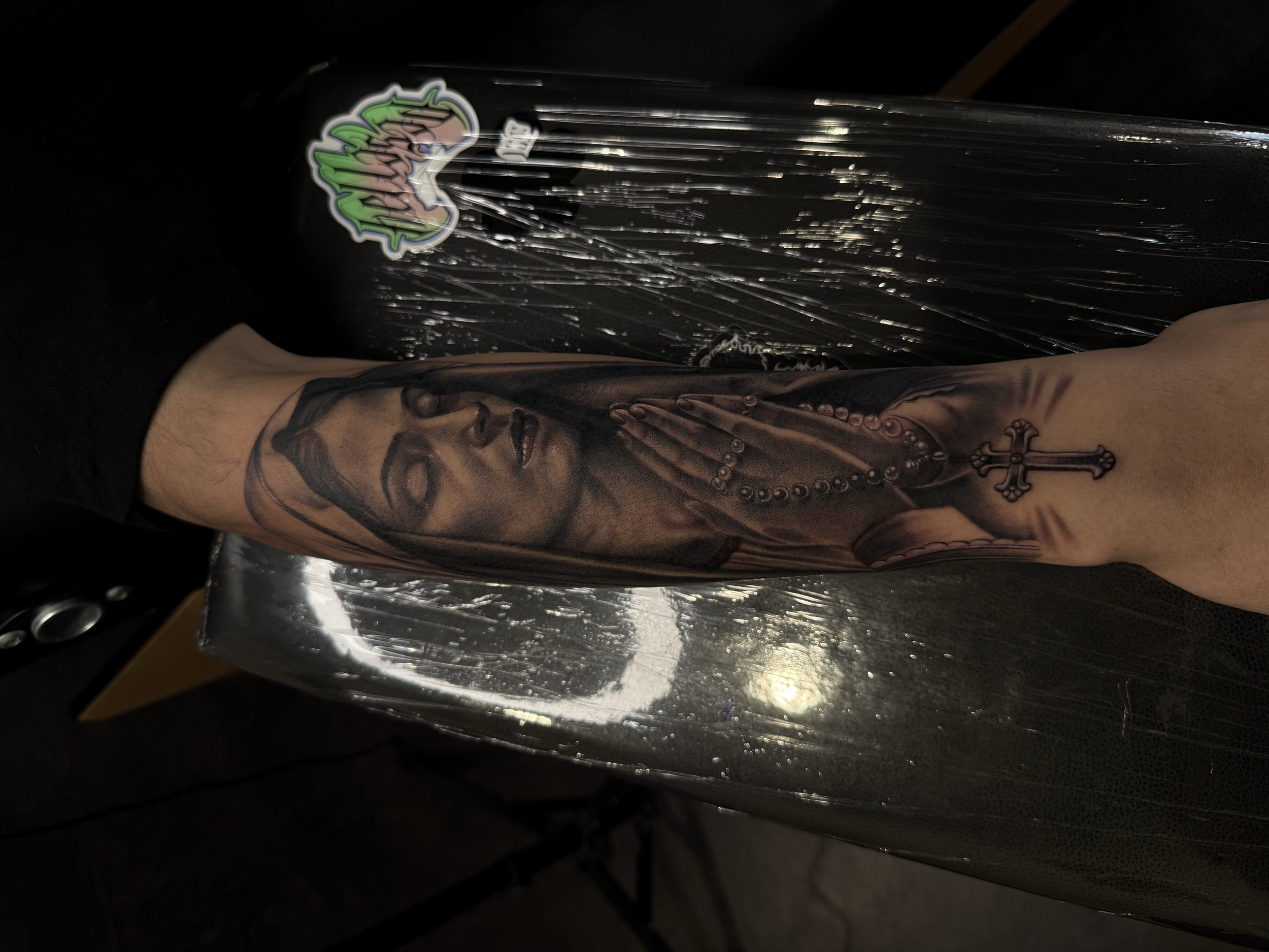 Virgin Mary praying hands rosary tattoo