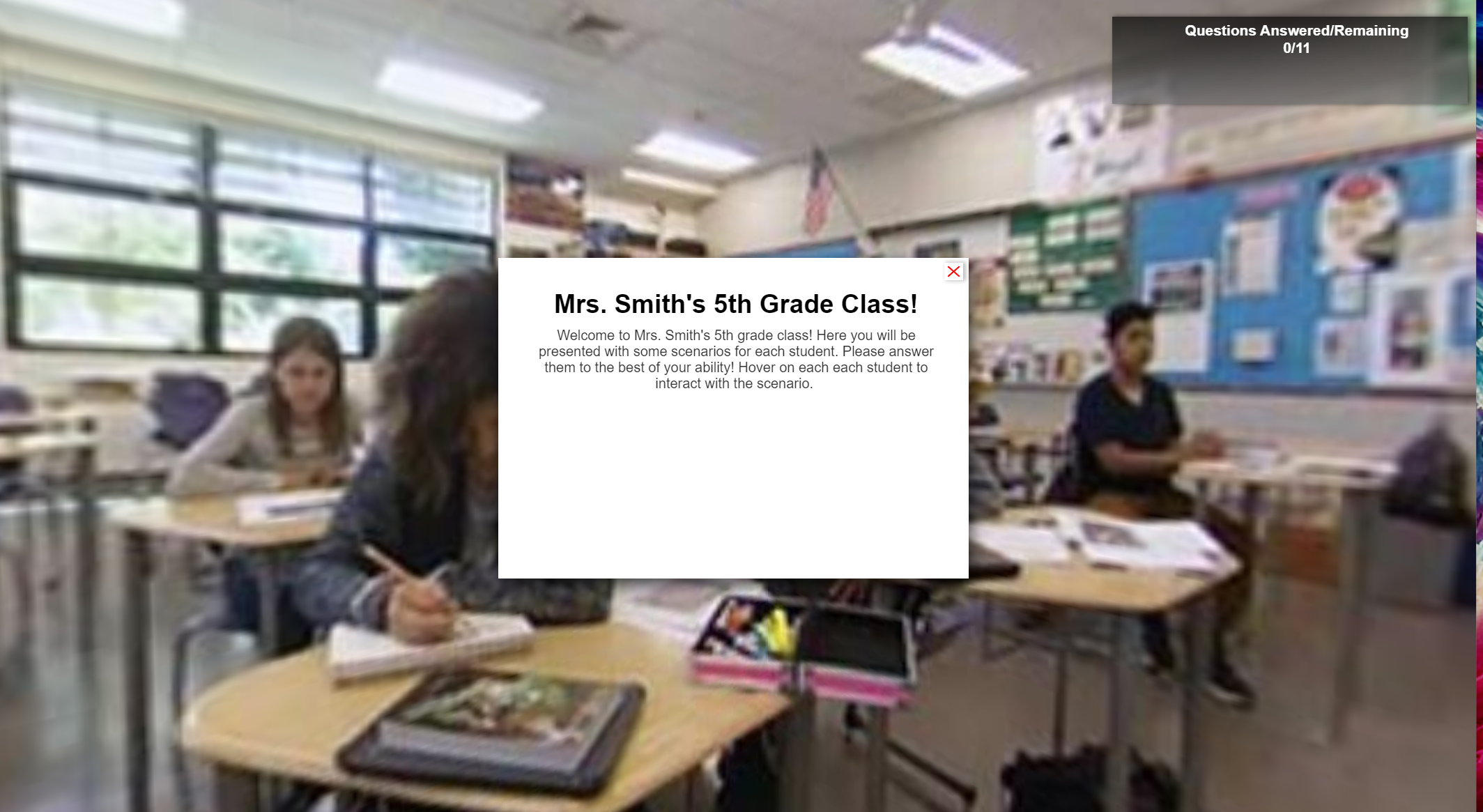 Immerse yourself in a comprehensive 360-degree virtual classroom designed for classroom management scenario training. Navigate through various classroom setups and engage with interactive student behavior scenarios to refine your management strategie