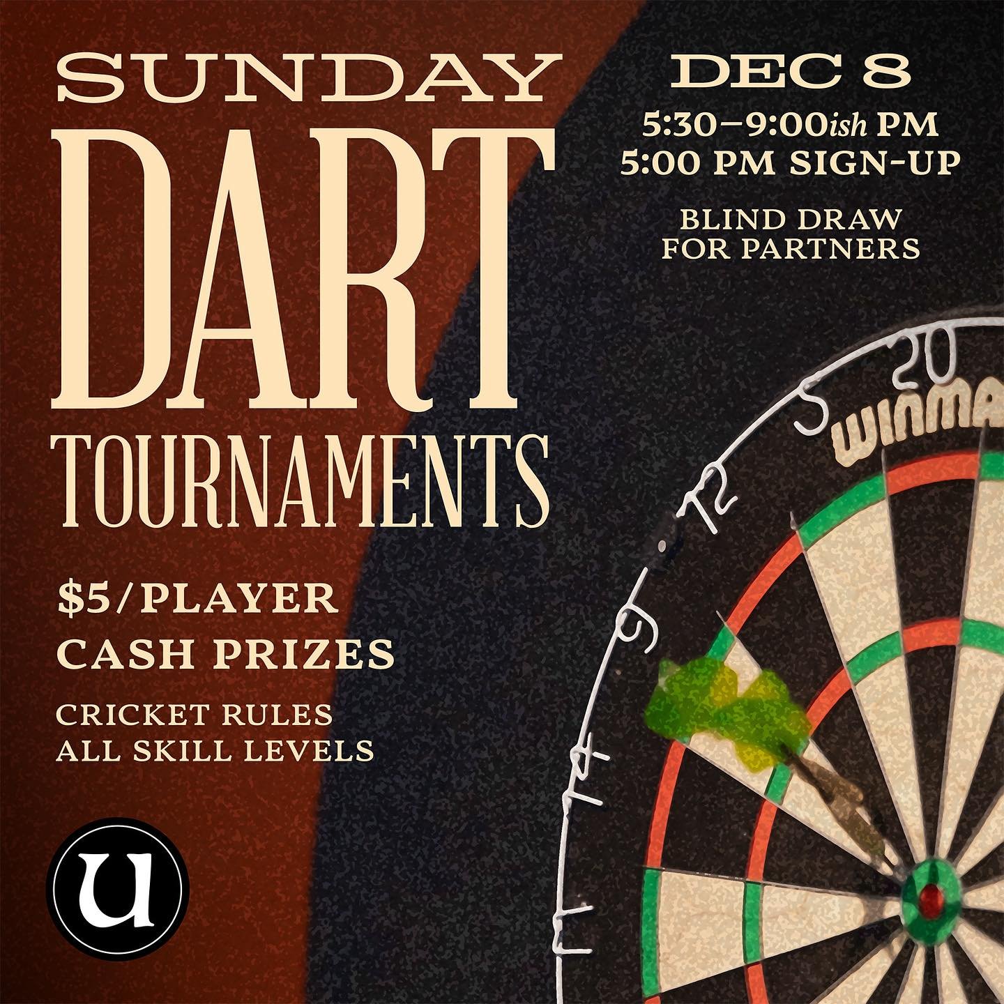 Join us for Sunday Dart Tournaments! Throw darts, drink beer, make friends. All skill levels welcome. $5 per player and Uisce matches the pot up to $100. Win cash prizes, or the raffle. 
Check-in is from 5-5:30pm. Tournament is from 5:30pm-9ish.
Ther