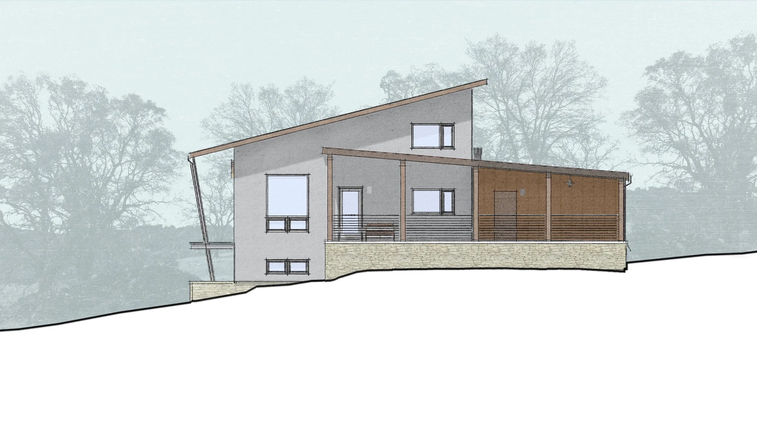 Architectural illustration of a modern house with slanted roof, large windows, and wooden accents against a backdrop of bare trees.
