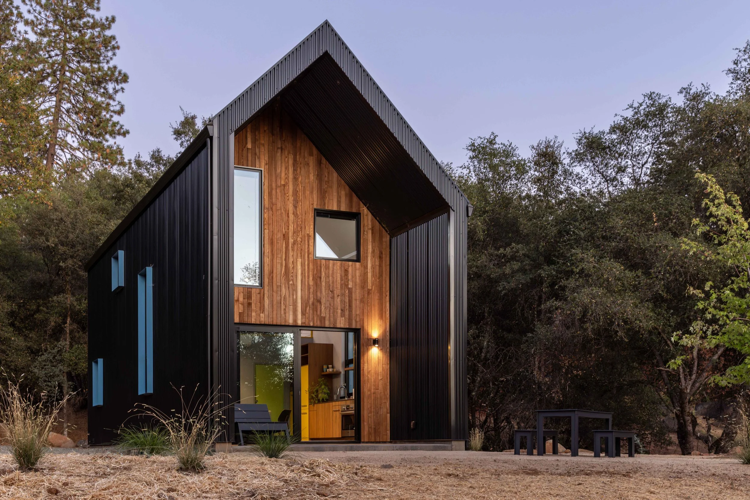 Modern cabin with black metal and wood exterior in a forest setting.