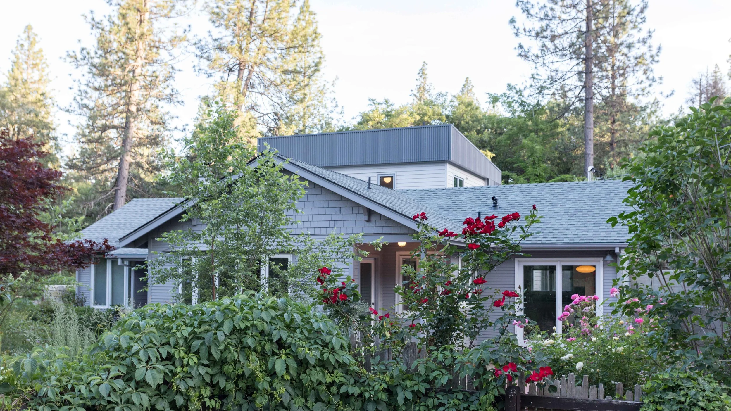 A gray house with a shingled roof surrounded by a lush garden with trees and red roses, set in a forested area.