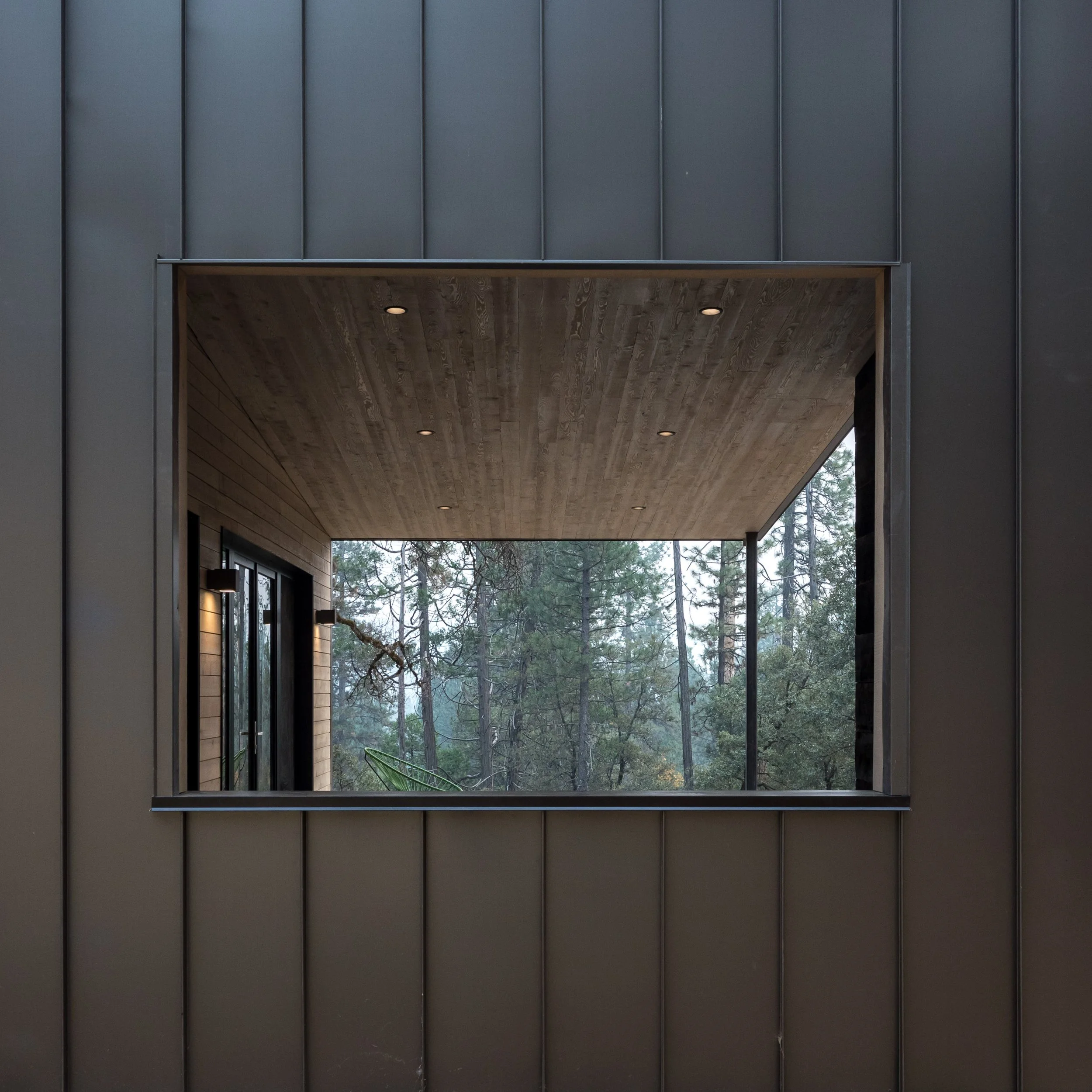 View through a window frame showing a covered patio with wooden ceiling and exterior lights, looking out to a forest of tall pine trees.