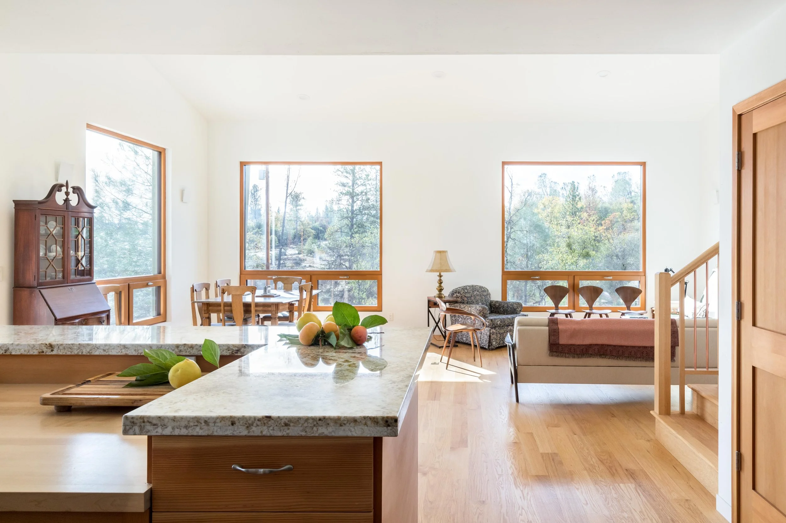 Sunlit open-plan living room and kitchen with wooden furniture, large windows, fruit on the countertop, and outdoor view.