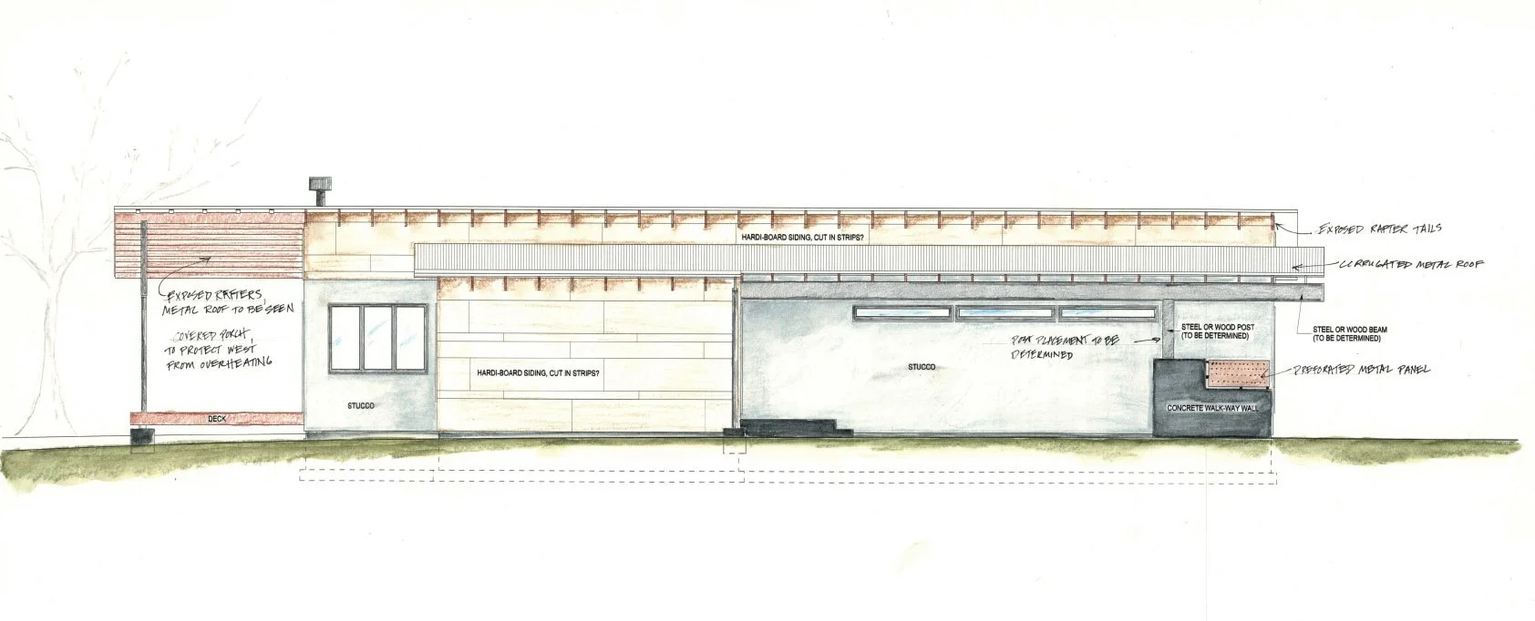 Architectural elevation drawing of a modern building with a flat roof, exposed rafters, Hardi-board siding, and stucco walls. Features include a covered porch, corrugated metal roof, and perforated metal panels. Various construction notes and dimensions are visible.