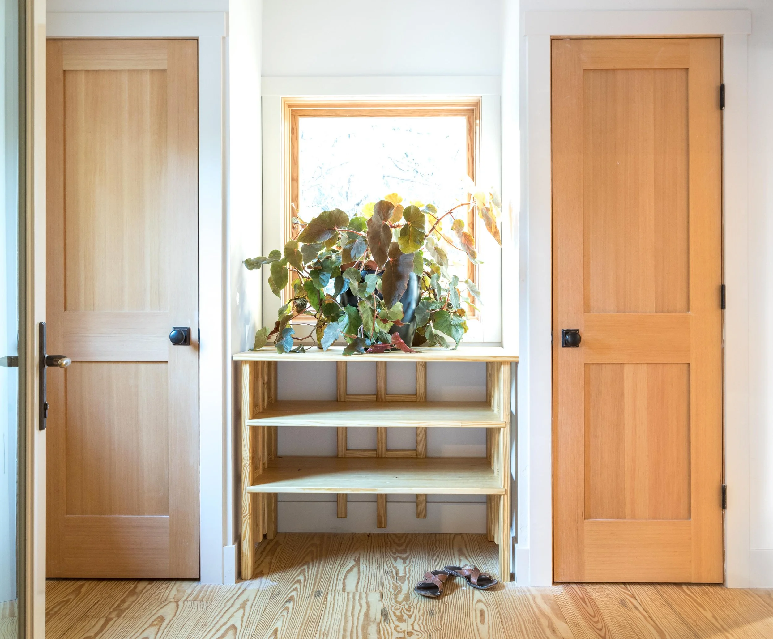 Interior hallway with two wooden doors, a wooden shelf with a potted plant, and a pair of sandals on the floor.