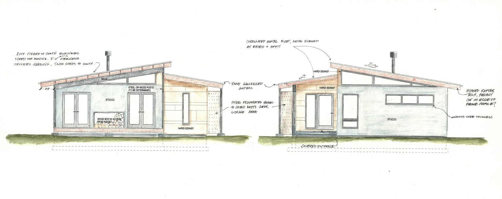 Architectural drawing of a small modern house with a sloped roof, stucco and Hardi siding, round galvanized gutters, and a covered entrance. The design includes annotations about roof pitch, materials, and structural components, like steel or wood posts and exposed rafter tails.
