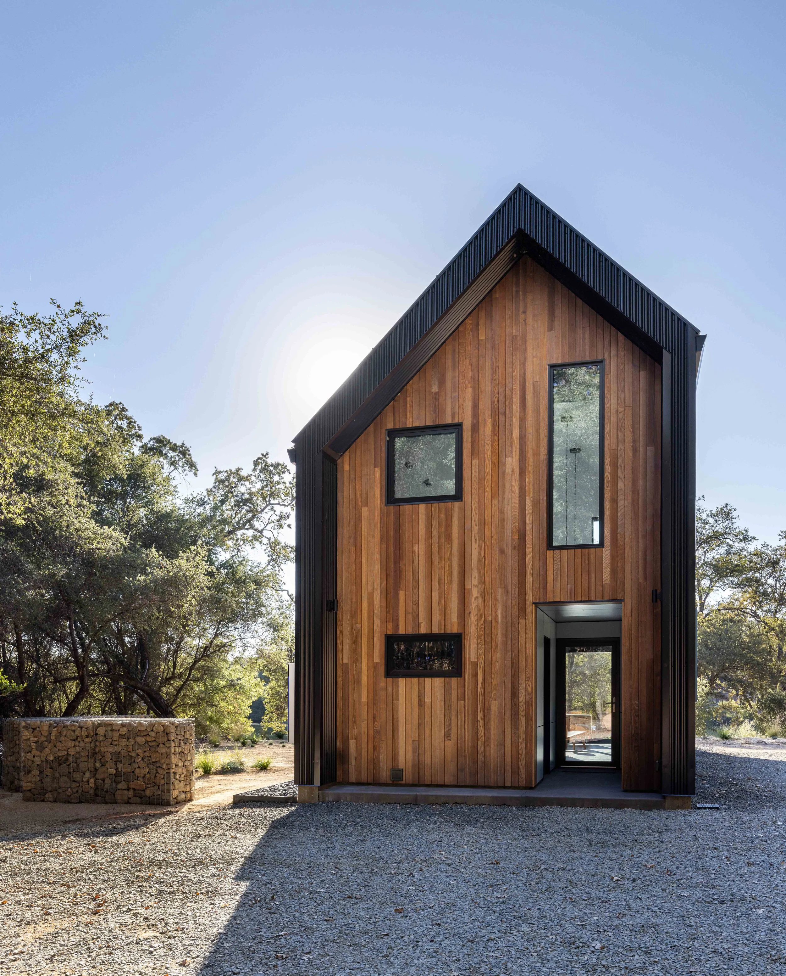 Modern house with wooden facade and tall windows