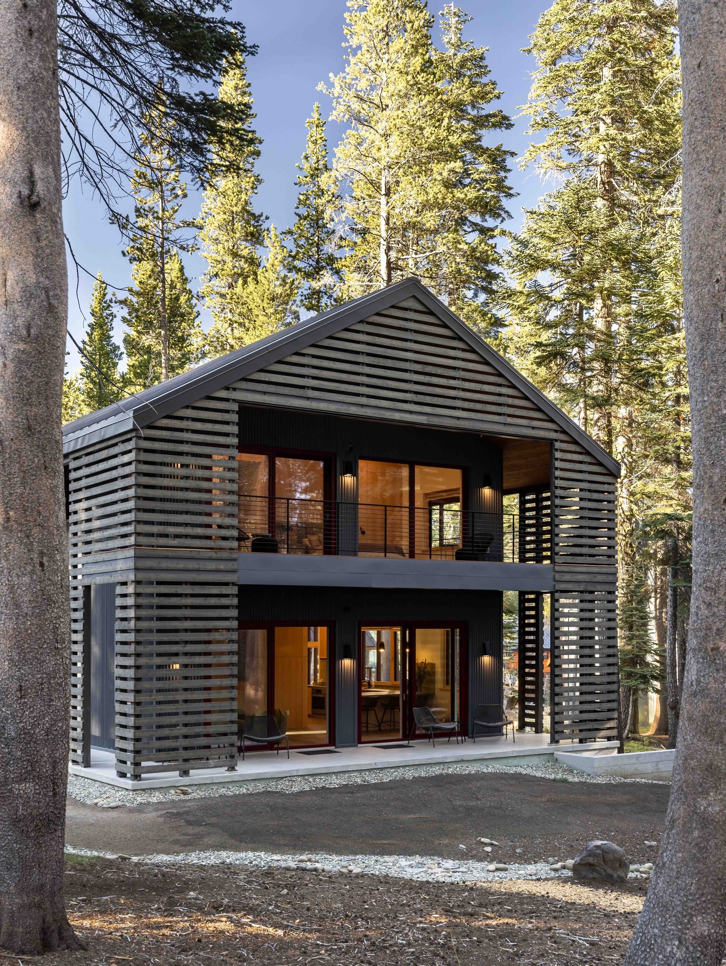 Modern cabin with wooden slatted facade surrounded by trees in a forest