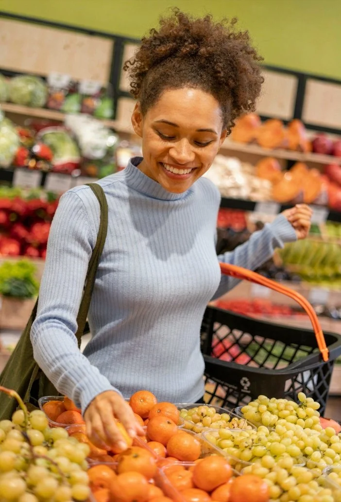 young, smiling, black woman picking tangerines in a produce department of a market