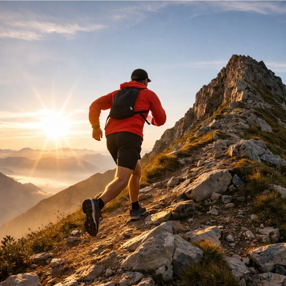 male trail runner scaling rocky ascent with view of sunrise, mountains, and fog