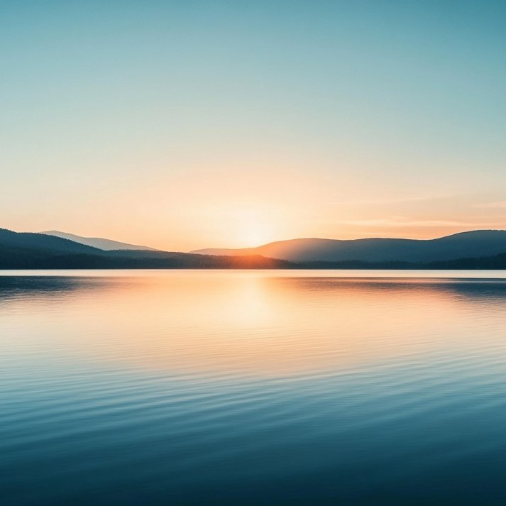 calm turquoise lake waters at peachy sunrise over soft mountain range silhouette