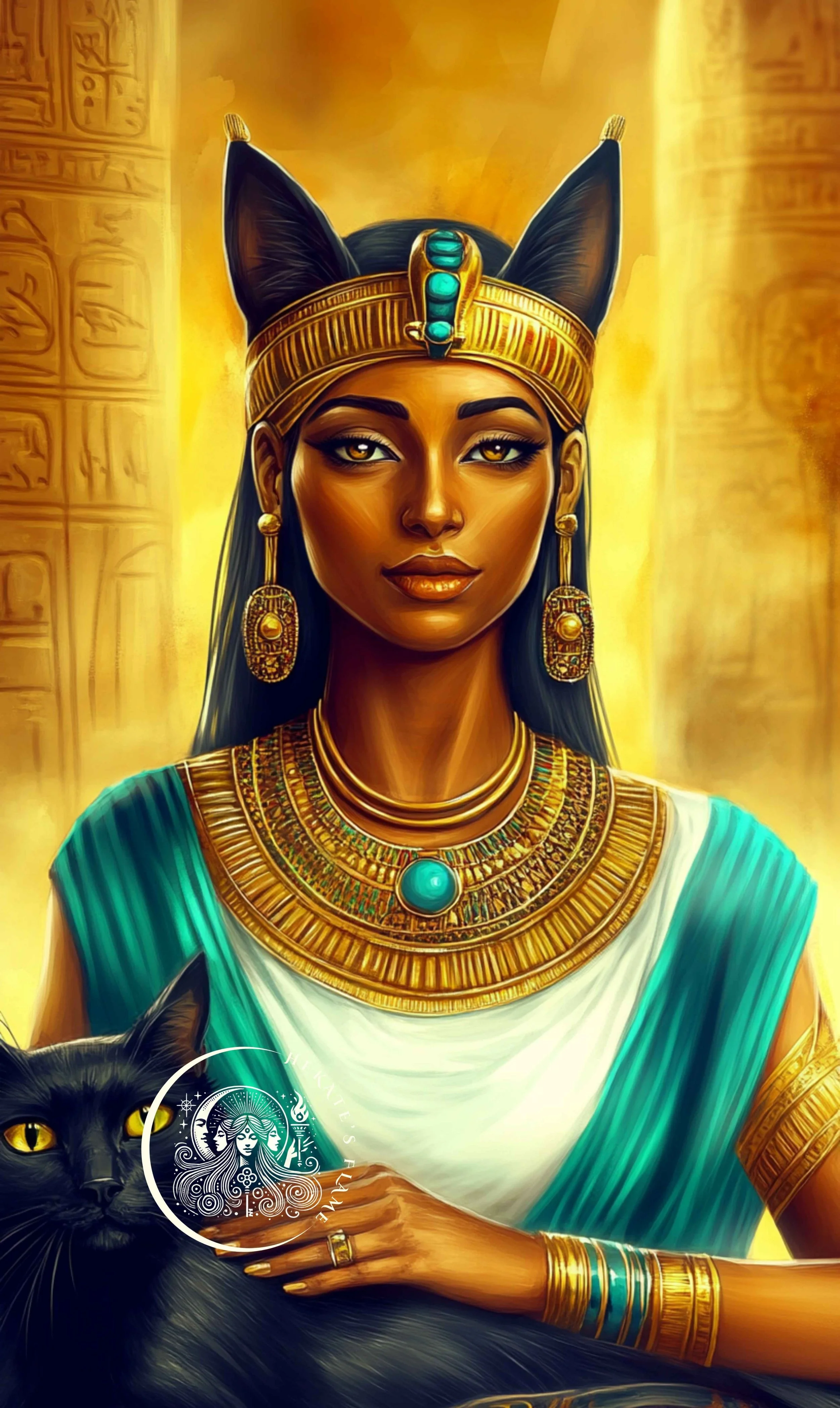 Bastet candle featuring the cat goddess with glowing amber tones and guardian black cat.