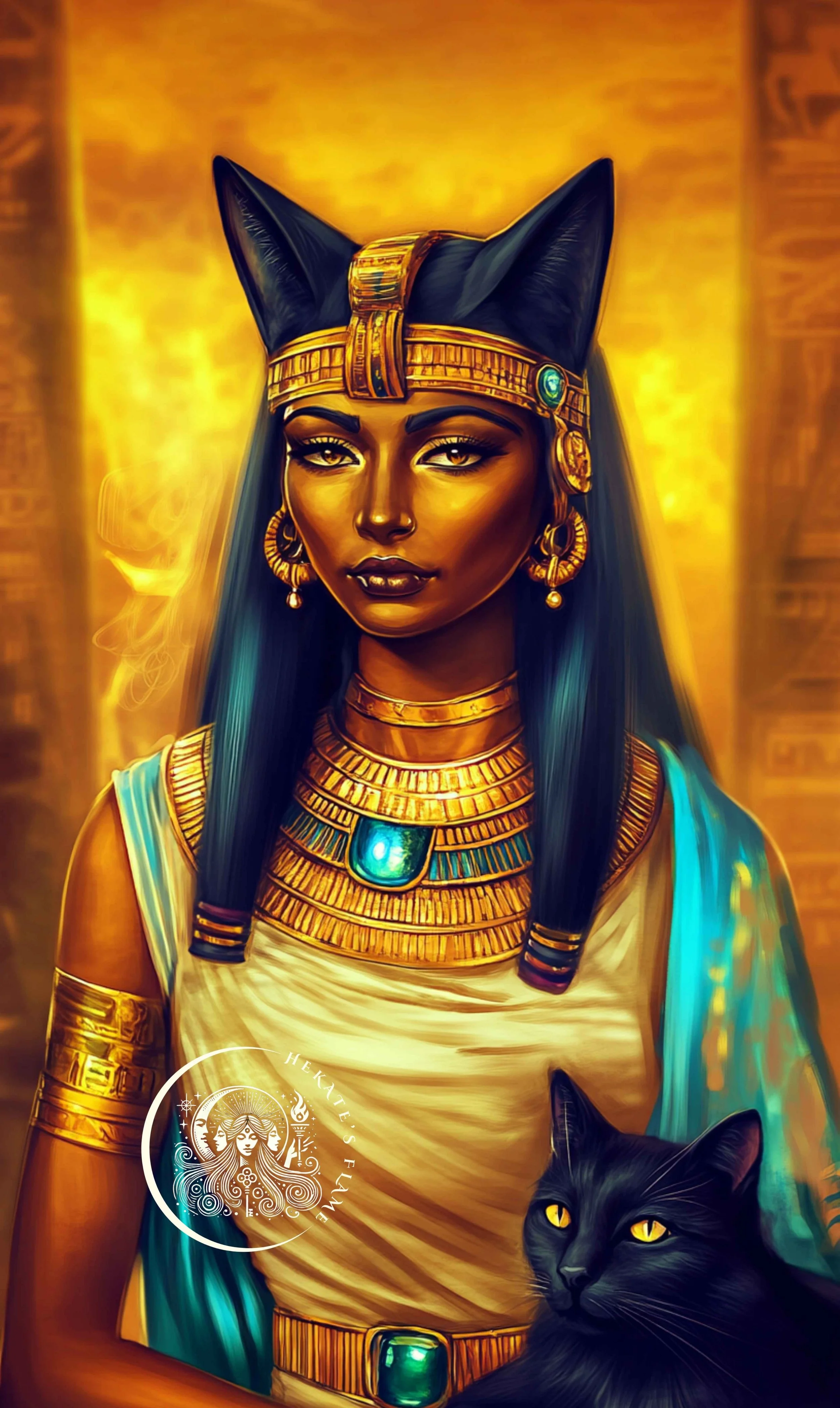Bastet candle image featuring goddess in golden regalia and protective gaze beside her feline companion.