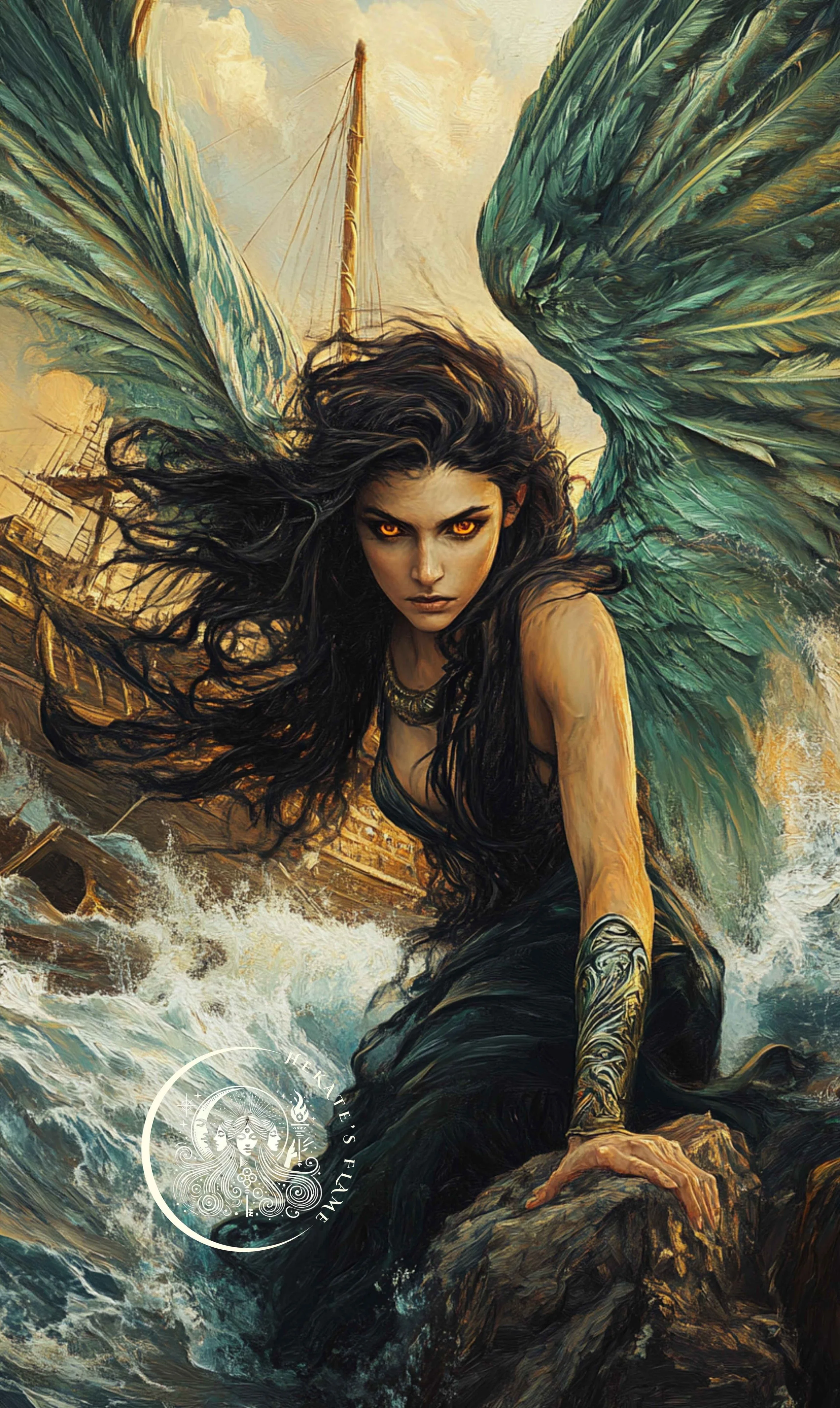 Siren poised at the water’s edge, green wings unfurled in power for a legendary sea candle.