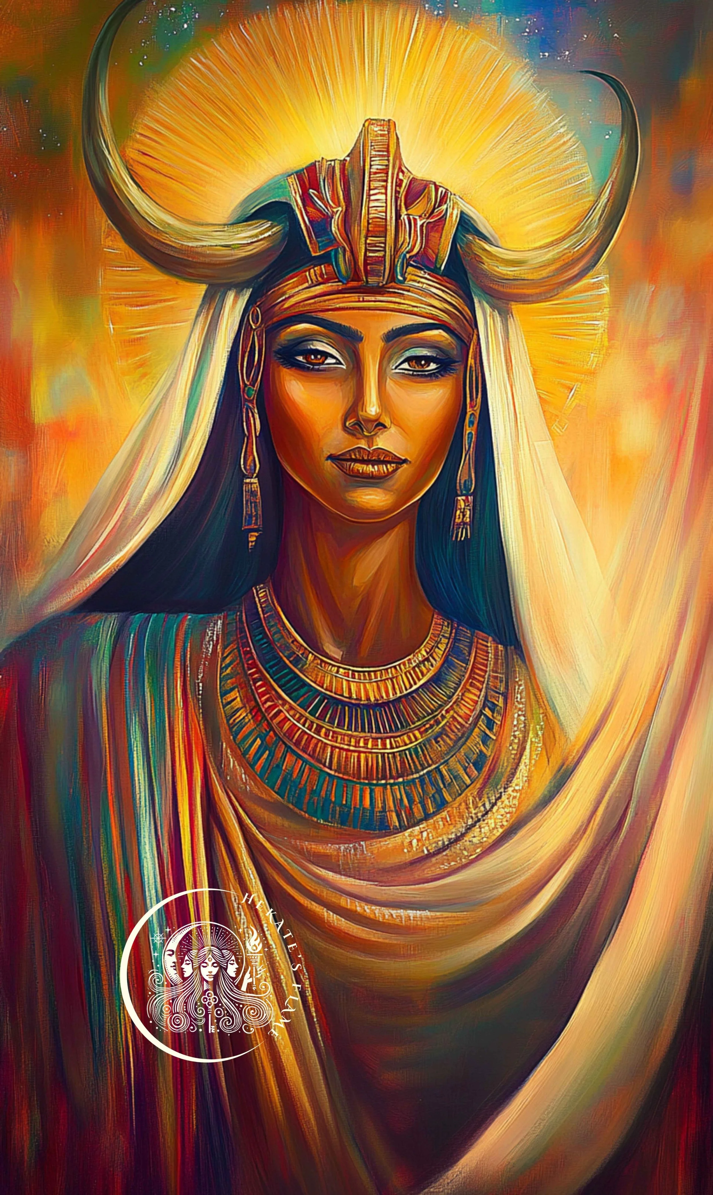 Striking artwork of Hathor bathed in sunlight with celestial rays, ideal for the Hathor goddess candle design.