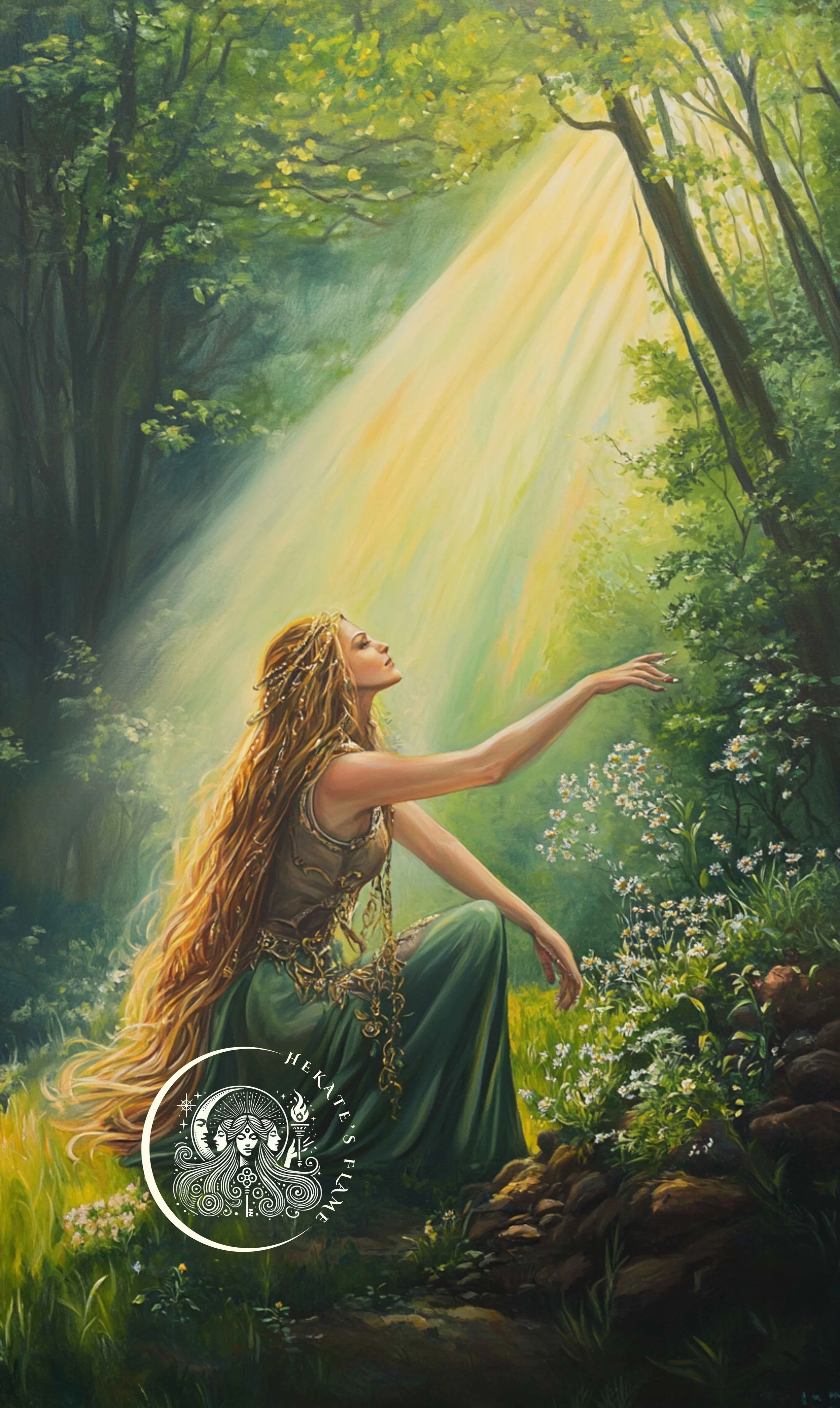Sif reaching toward sunlight in a lush forest, symbolizing life and growth in this Norse goddess candle.