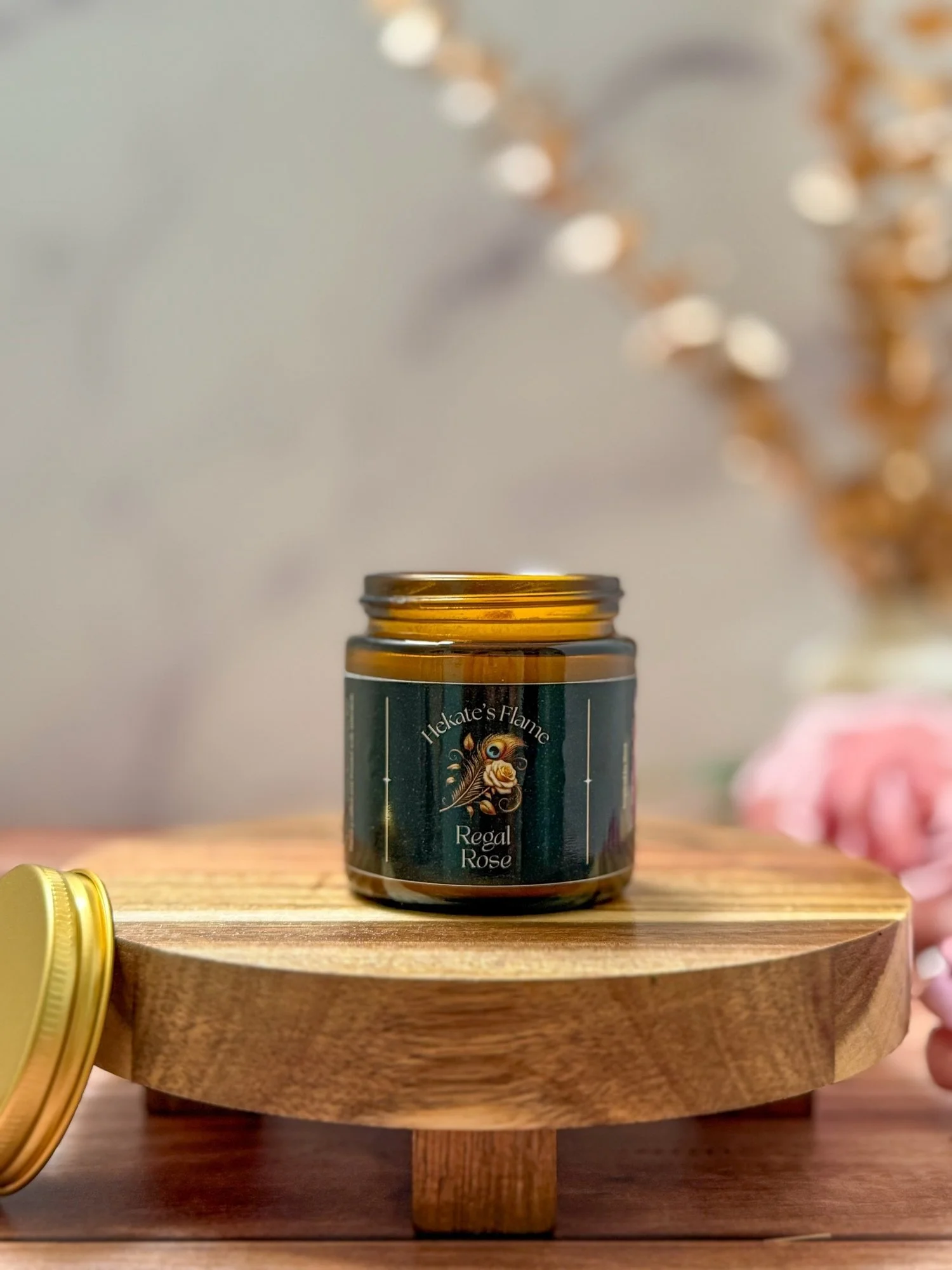 Large Regal Rose goddess Hera candle with cork lid, handmade coconut apricot wax, amber glass luxury mythology candle set.