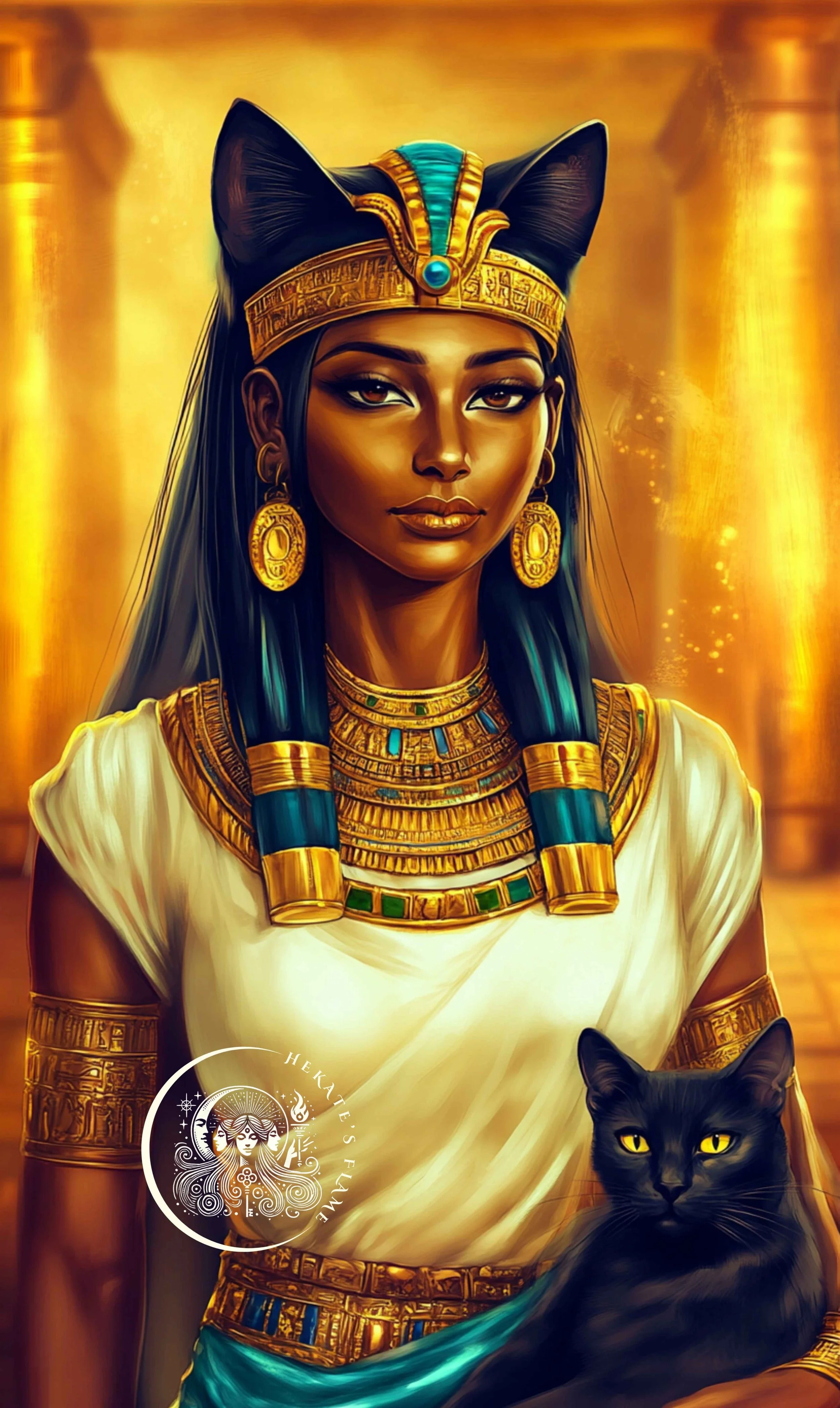 Elegant Bastet candle artwork showcasing feline goddess with intricate headdress and attentive cat.