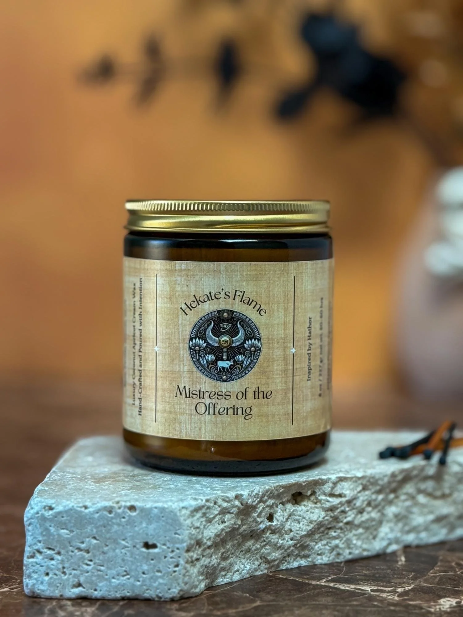 Amber jar Hathor mythology candle with gold metal lid, handcrafted coconut apricot wax, luxury handmade Egyptian goddess candle.