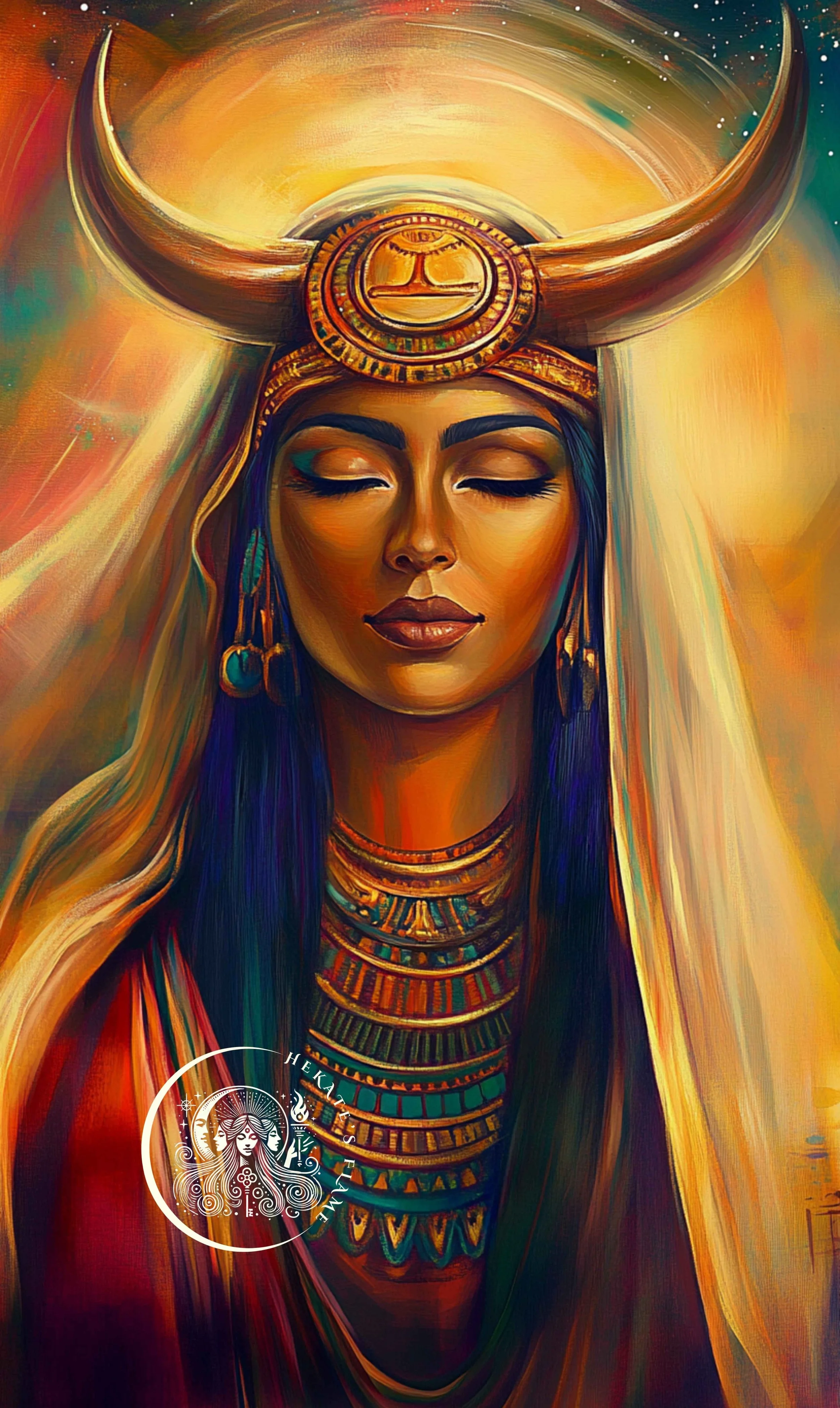 Serene depiction of Hathor with eyes closed under the golden sun disc, featured on Hathor archetypal candle.