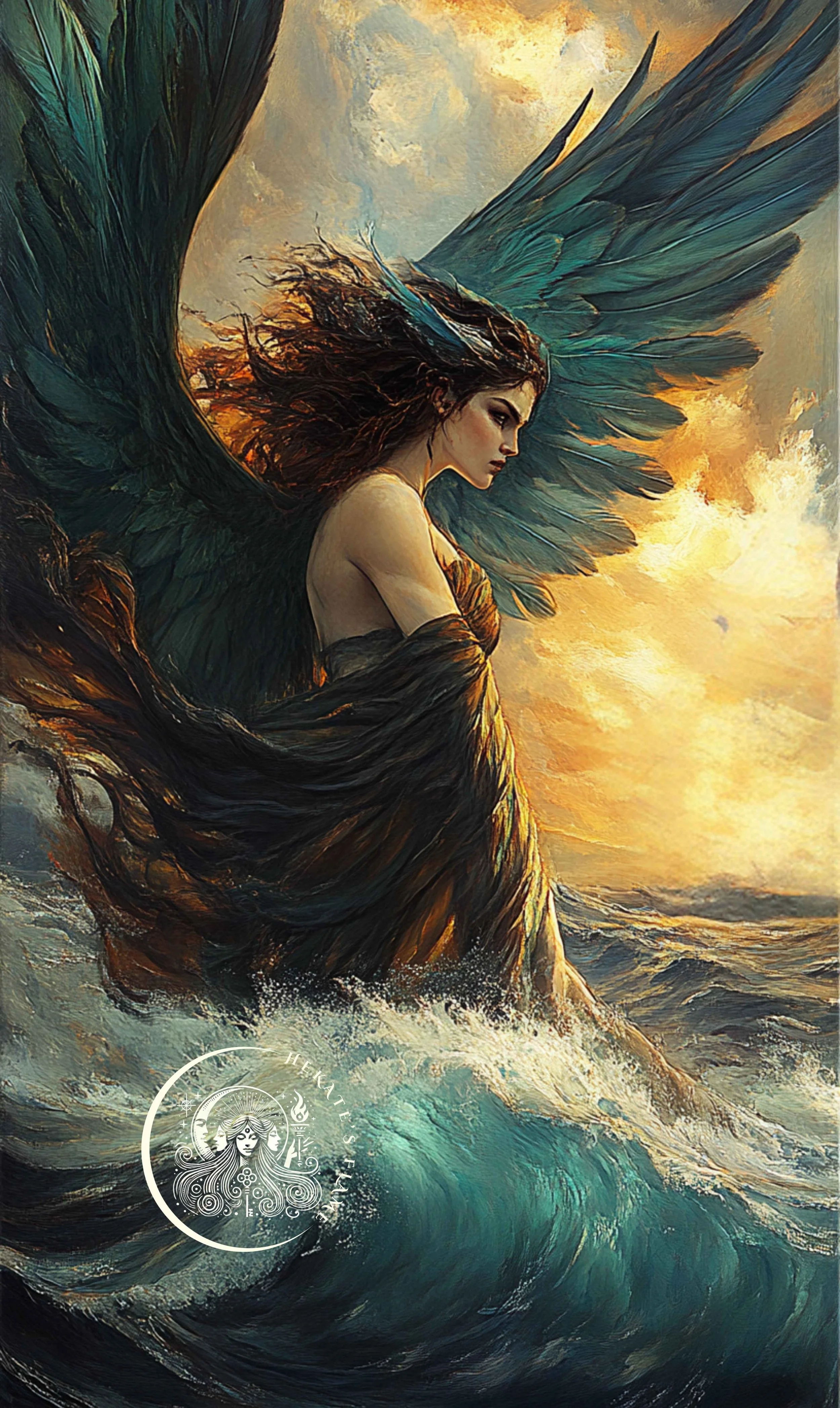 Side profile of a Siren with towering waves behind for a sacred ocean feminine candle.