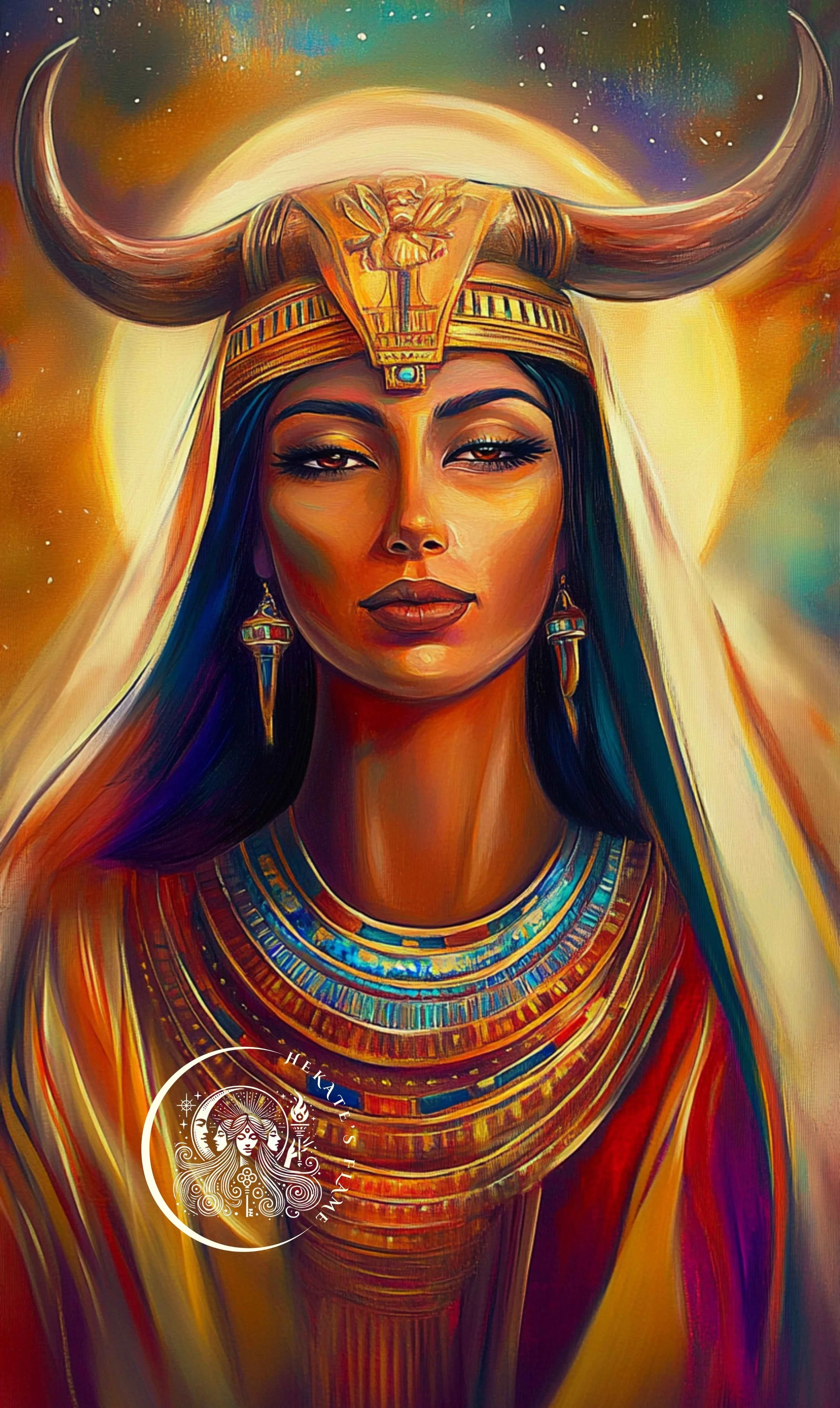 Egyptian goddess Hathor gazes forward in luminous attire, perfect for the Hathor handmade mythology candle.