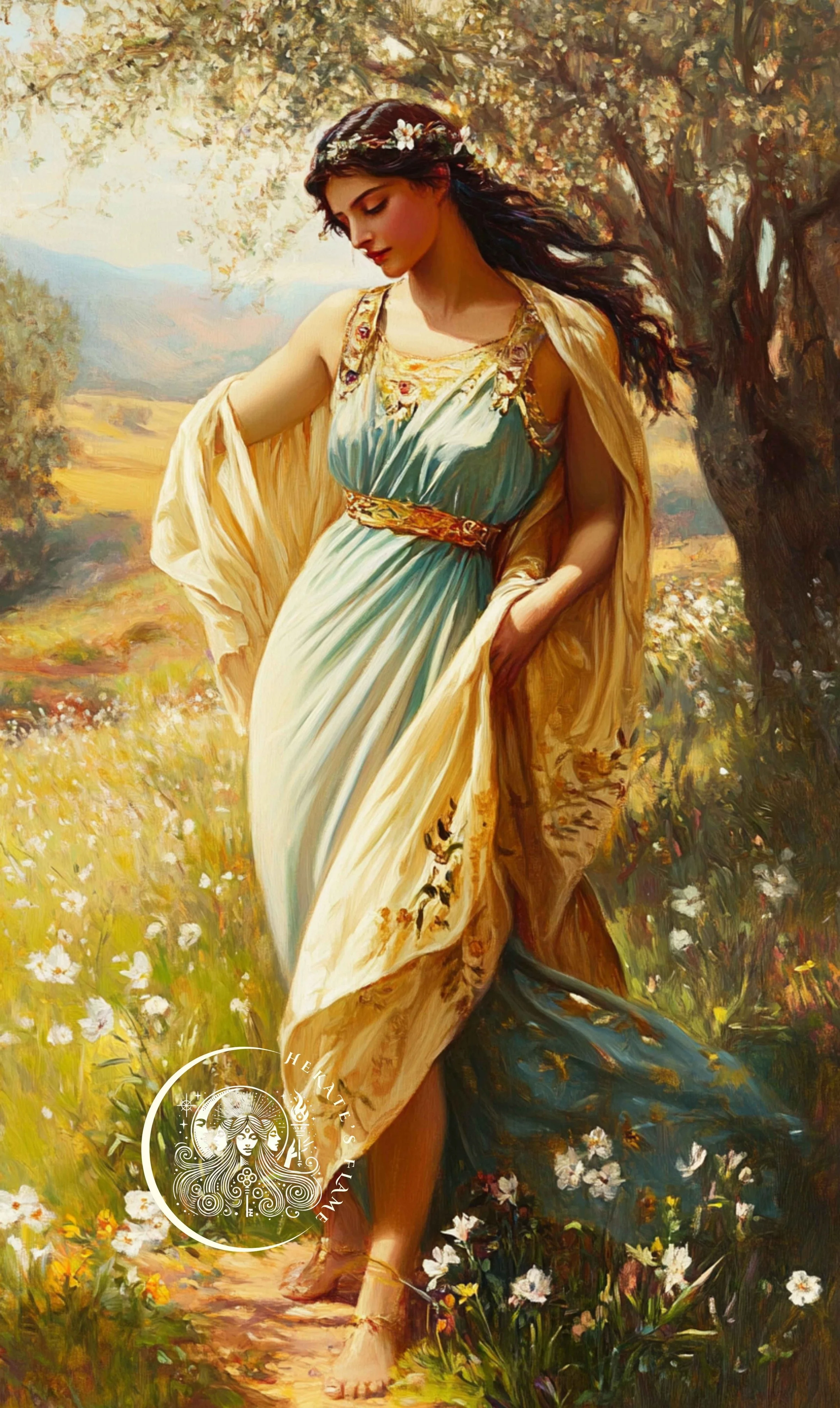 A serene Persephone with flowing brunette hair in a sunlit meadow, symbolizing spring’s return on a candle inspired by the goddess of seasonal change.