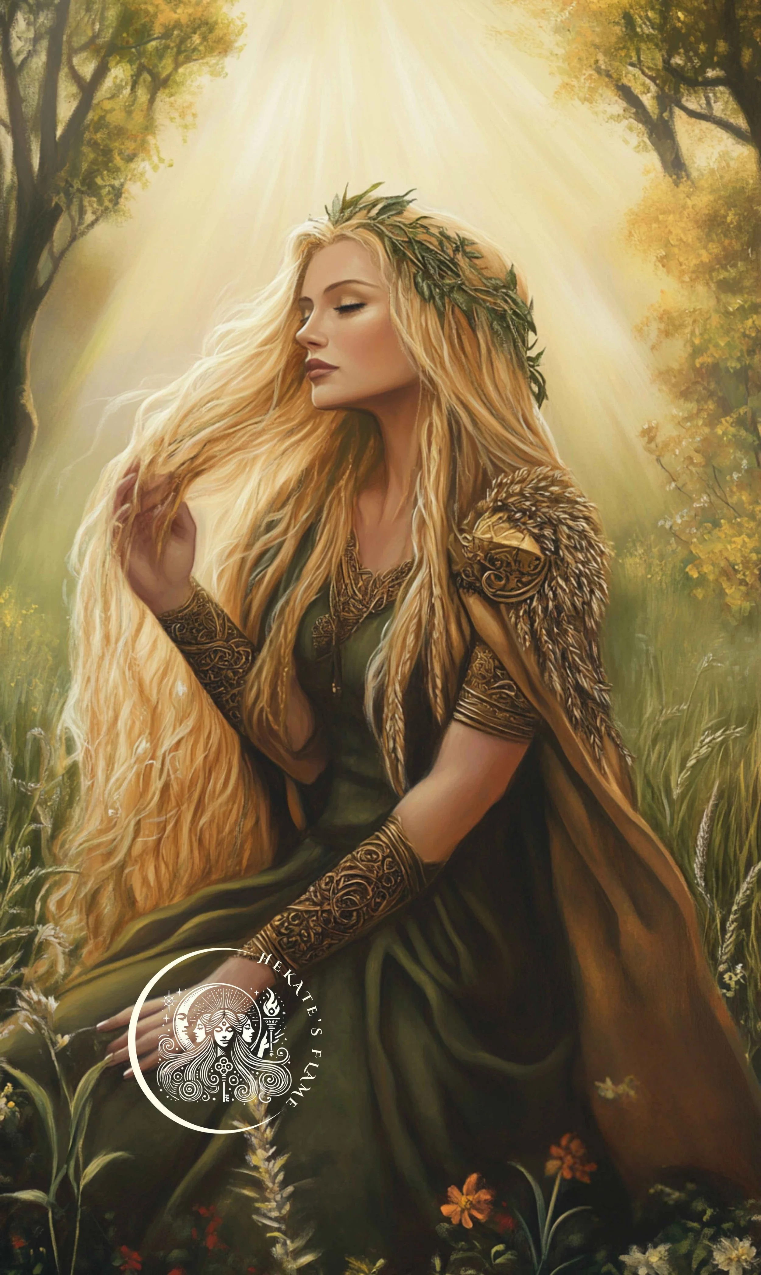 Sif in a sunlit grove wearing a laurel crown, a powerful symbol for this Norse goddess candle.