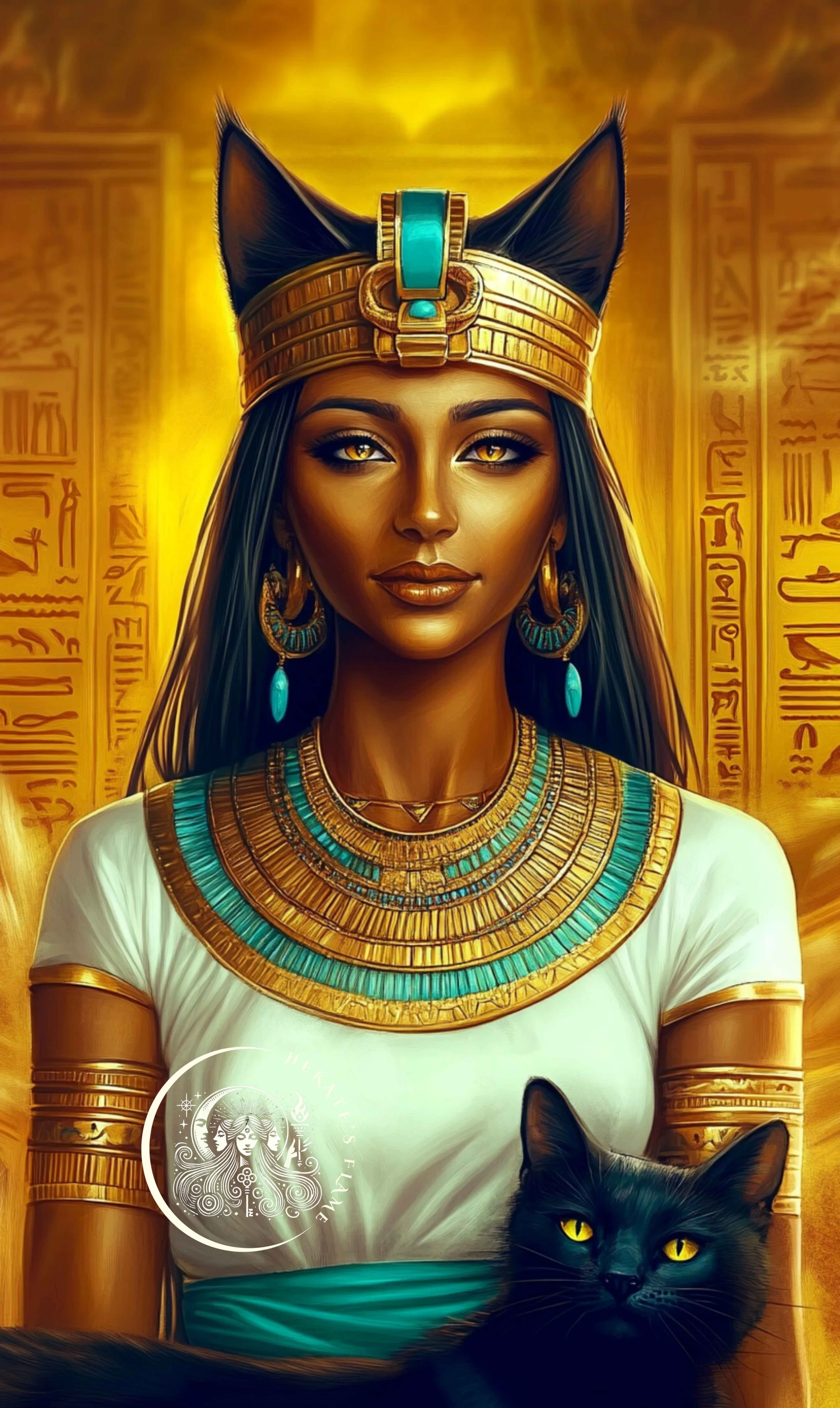 Radiant Bastet candle portrait showing the feline goddess with turquoise adornments and regal black cat.