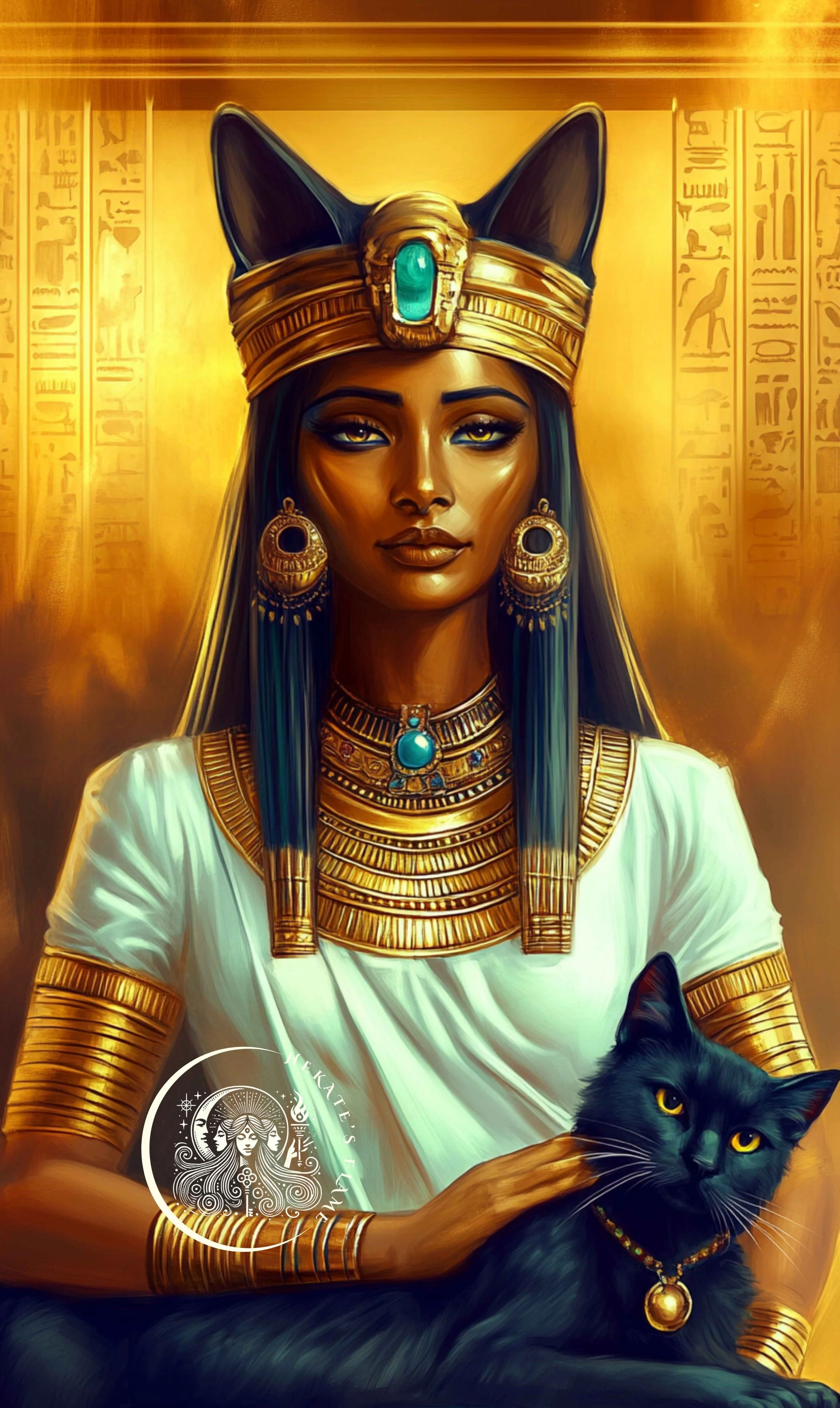 Mystical Bastet candle featuring sacred Egyptian goddess and black cat with golden necklace.