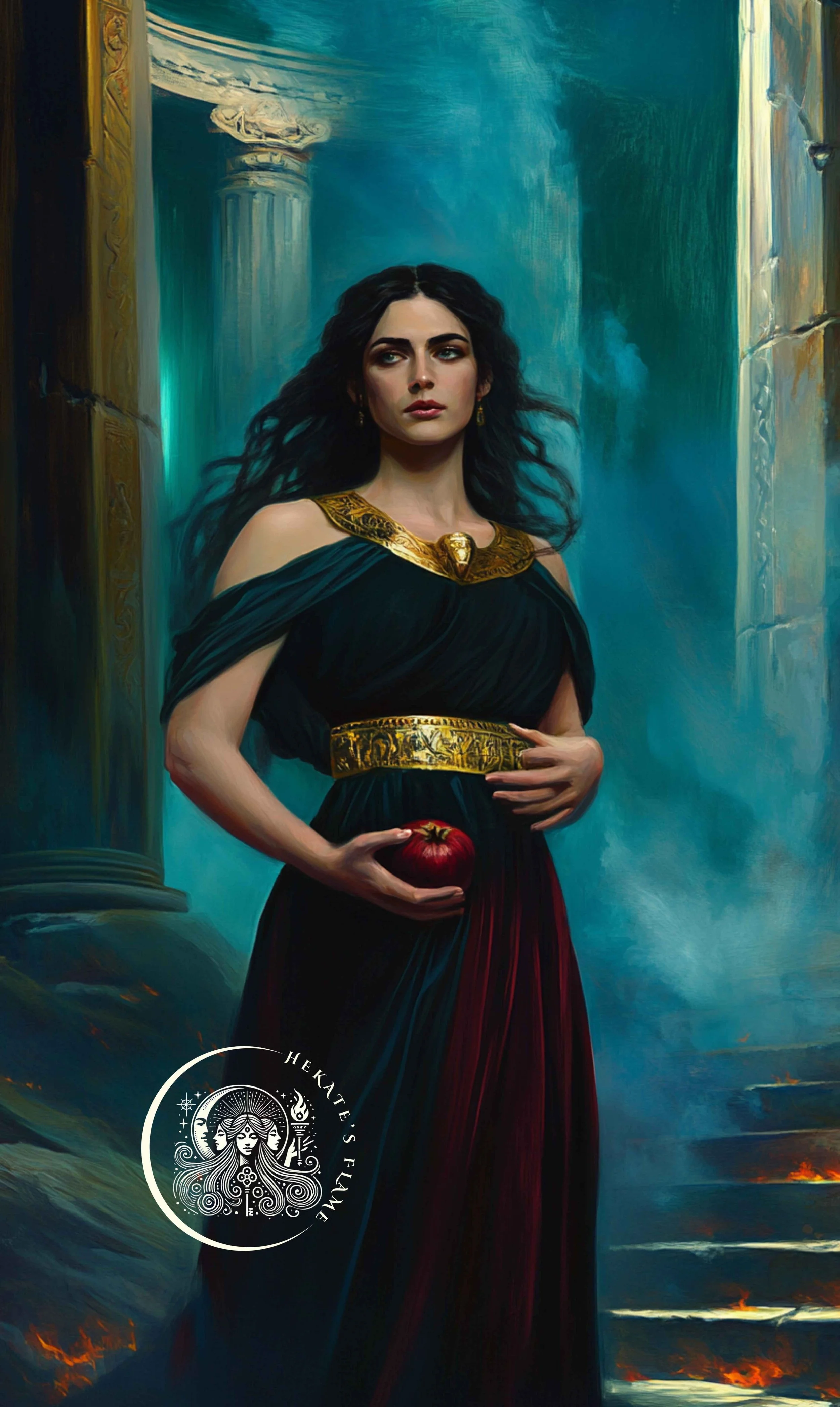 Persephone, Queen of the Underworld, stands in dark elegance within ancient ruins, holding a pomegranate for a candle embodying myth, mystery, and transformation.
