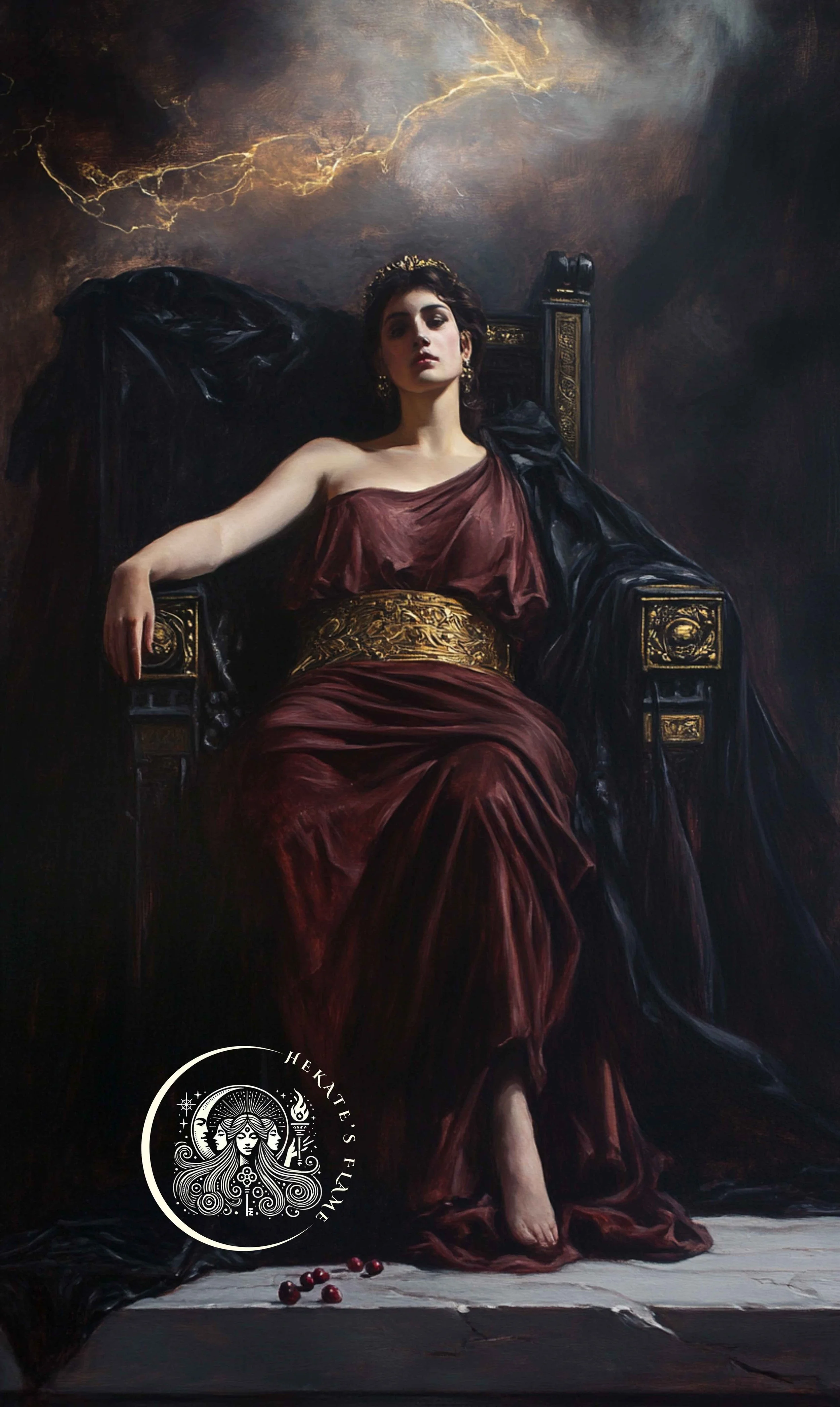 A regal Persephone reclines beneath stormy skies, crowned and surrounded by scattered pomegranate seeds, featured on a goddess candle of shadow and strength.