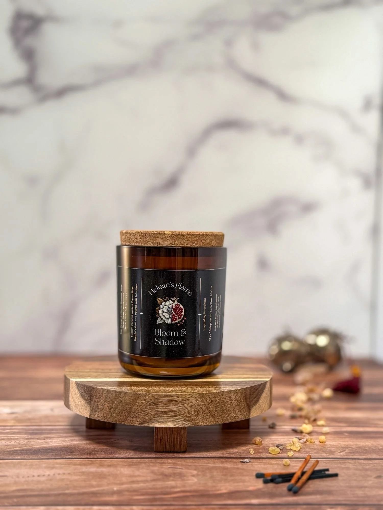 Handmade Bloom & Shadow Greek mythology candle with cork lid, eco-conscious amber jar candle inspired by Persephone.
