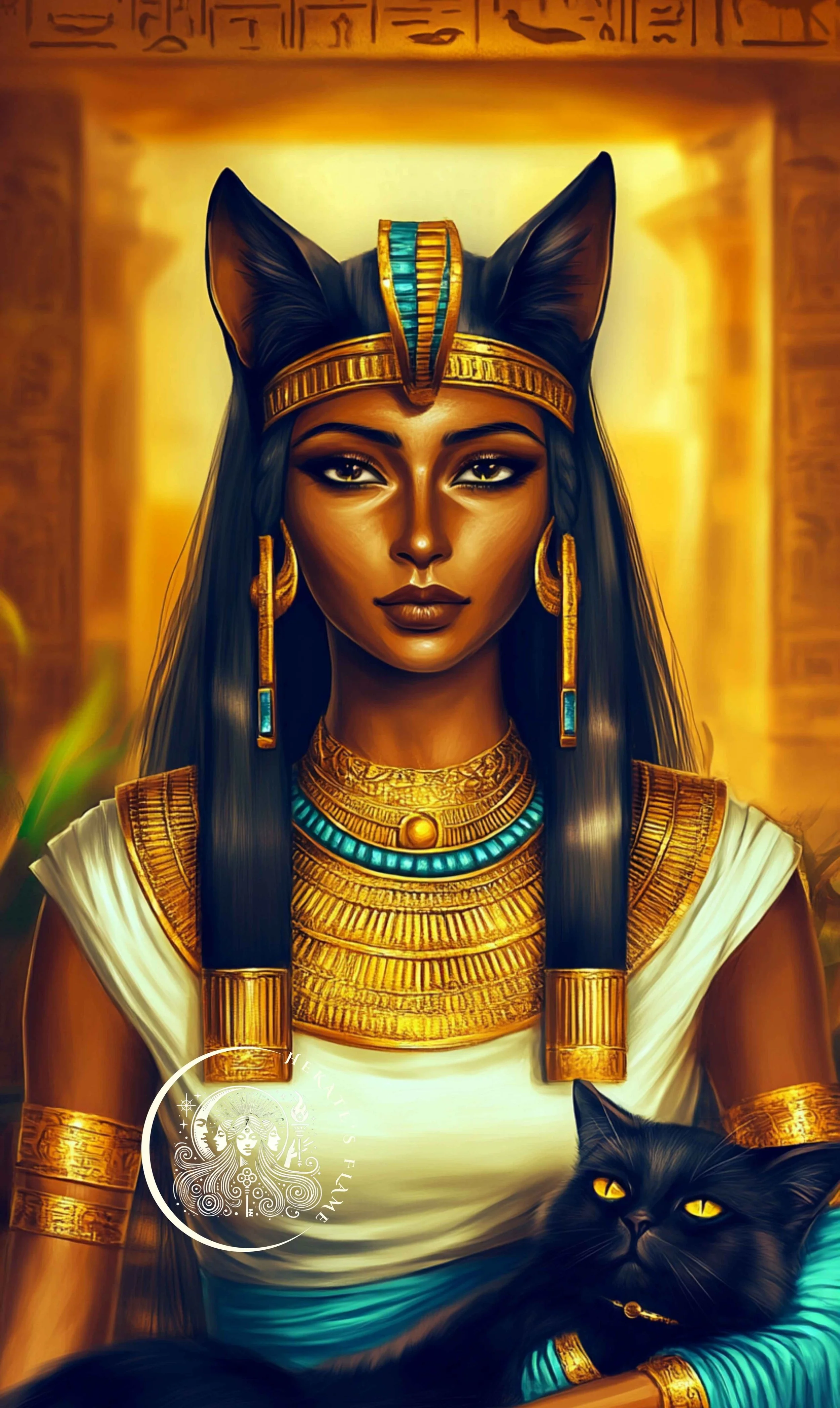 Bastet candle design with goddess adorned in gold and turquoise, paired with her sacred black cat.