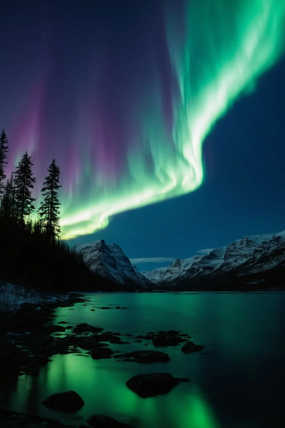 Northern lights sweeping over icy peaks in Freyja’s wanderer’s realm, perfect for a handmade scented mythology candle with a clean-burning wooden wick.