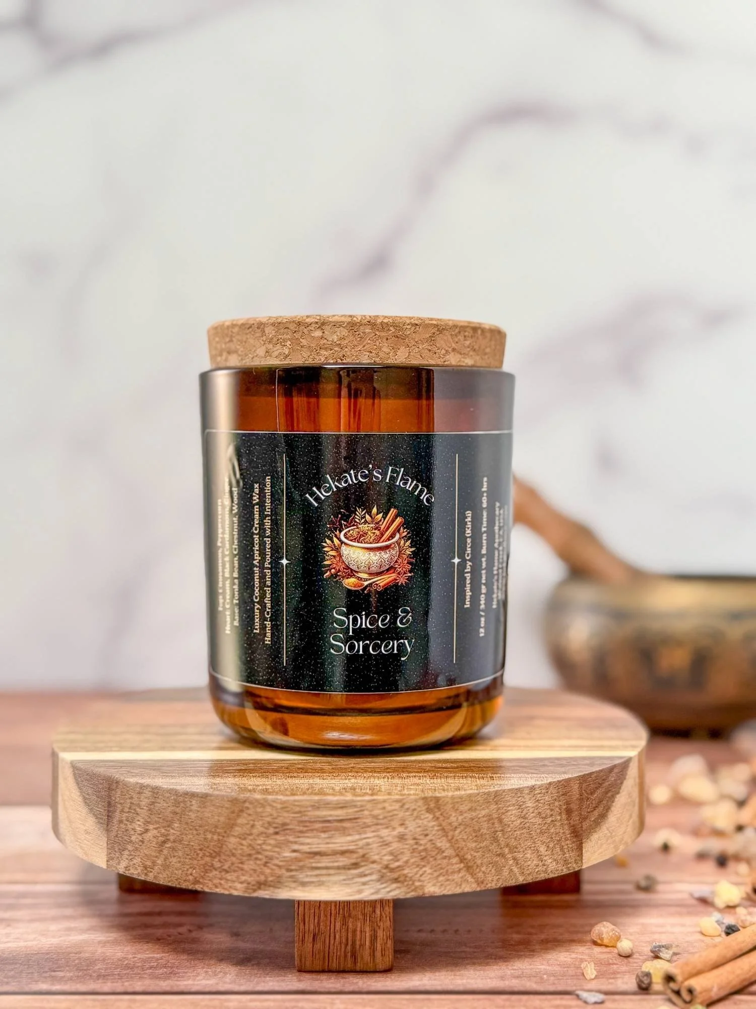 Handcrafted Greek goddess Circe candle in amber glass with cork lid eco conscious coconut apricot wax.