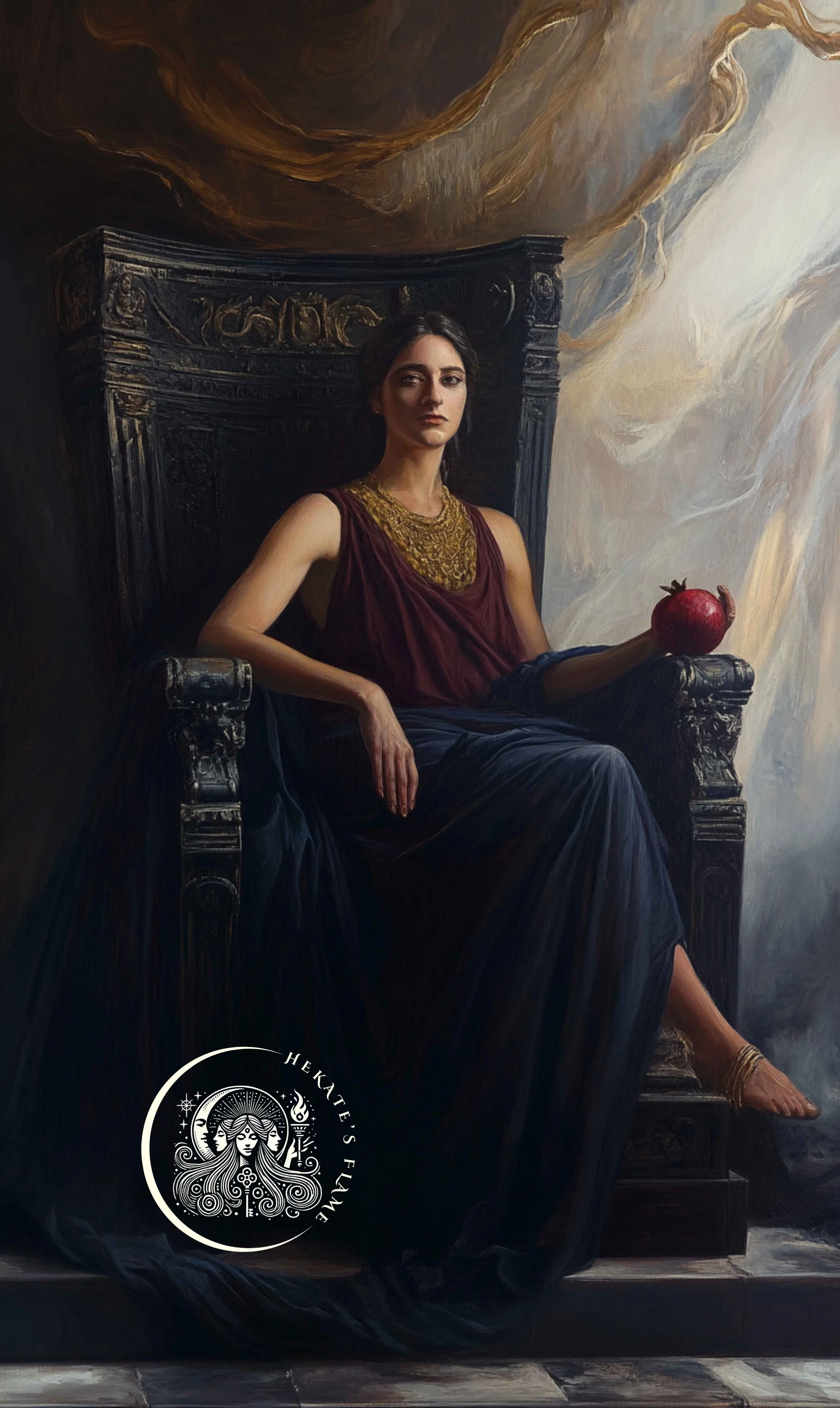 Seated on a black throne, Persephone holds a pomegranate with quiet authority, portrayed on a candle honoring her sovereignty in the realm of the dead.
