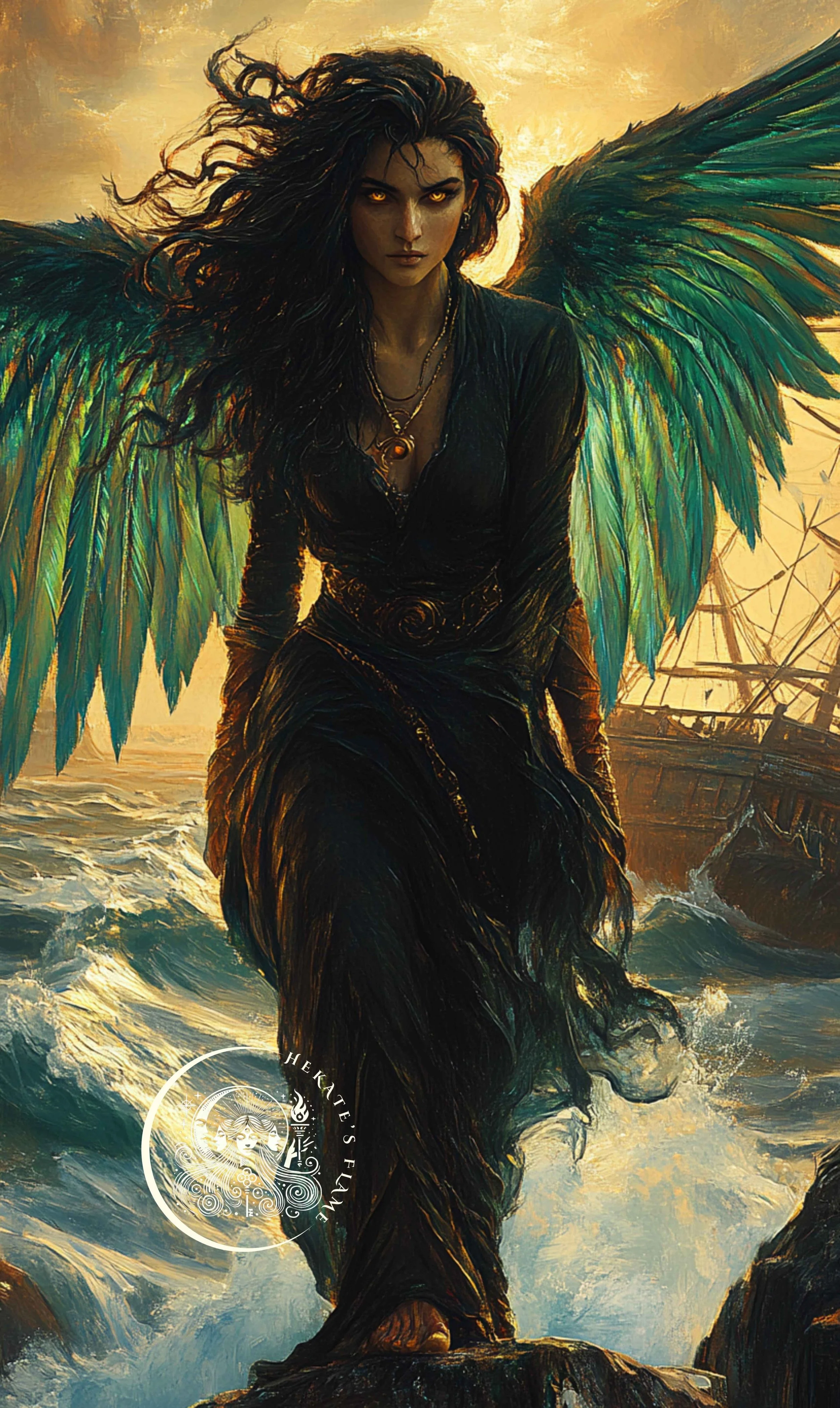 Dark-winged Siren walking through ocean waves beneath golden skies for a mythological candle design.