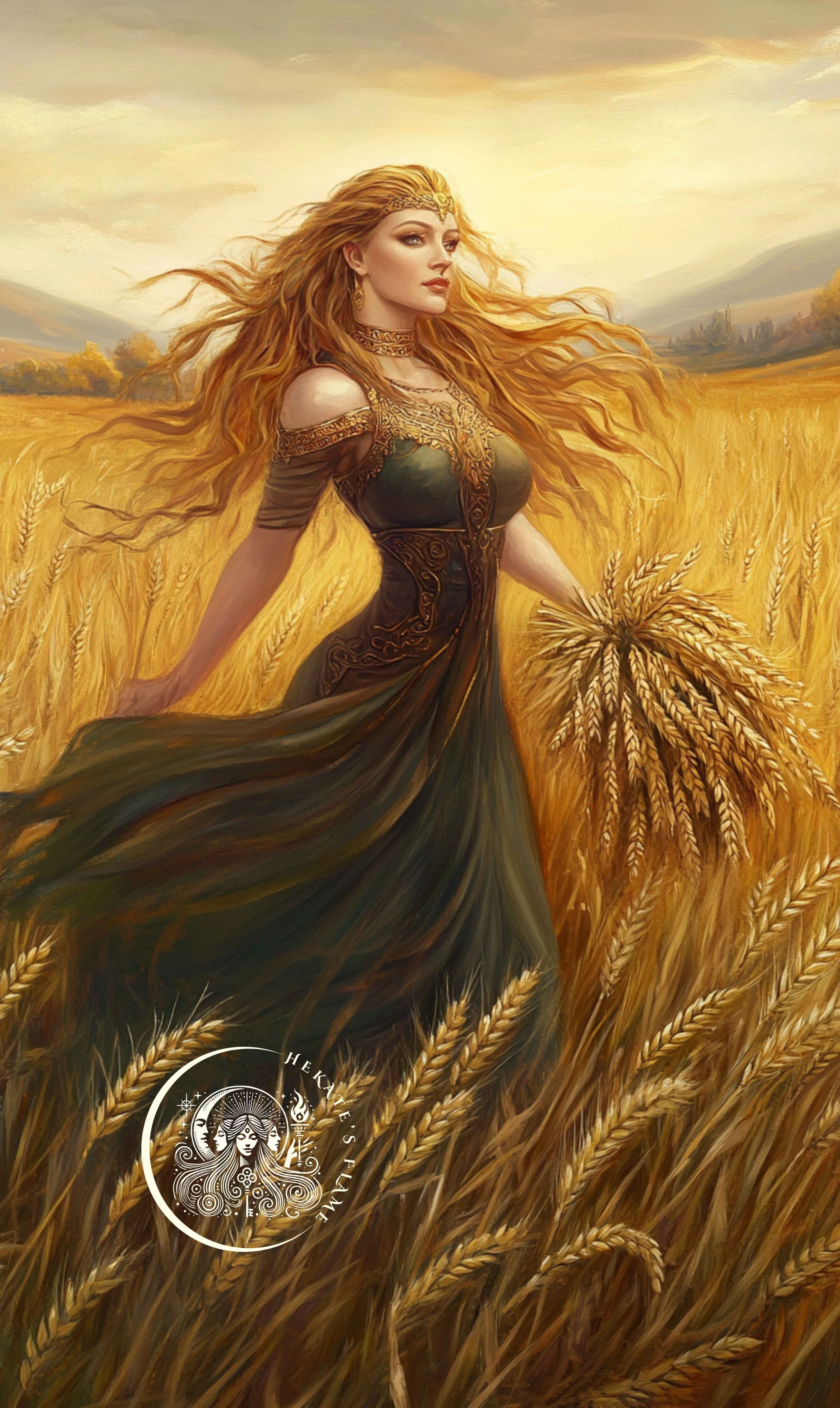 Sif holding wheat under golden skies, captured in bold elegance for this mythology-inspired candle.