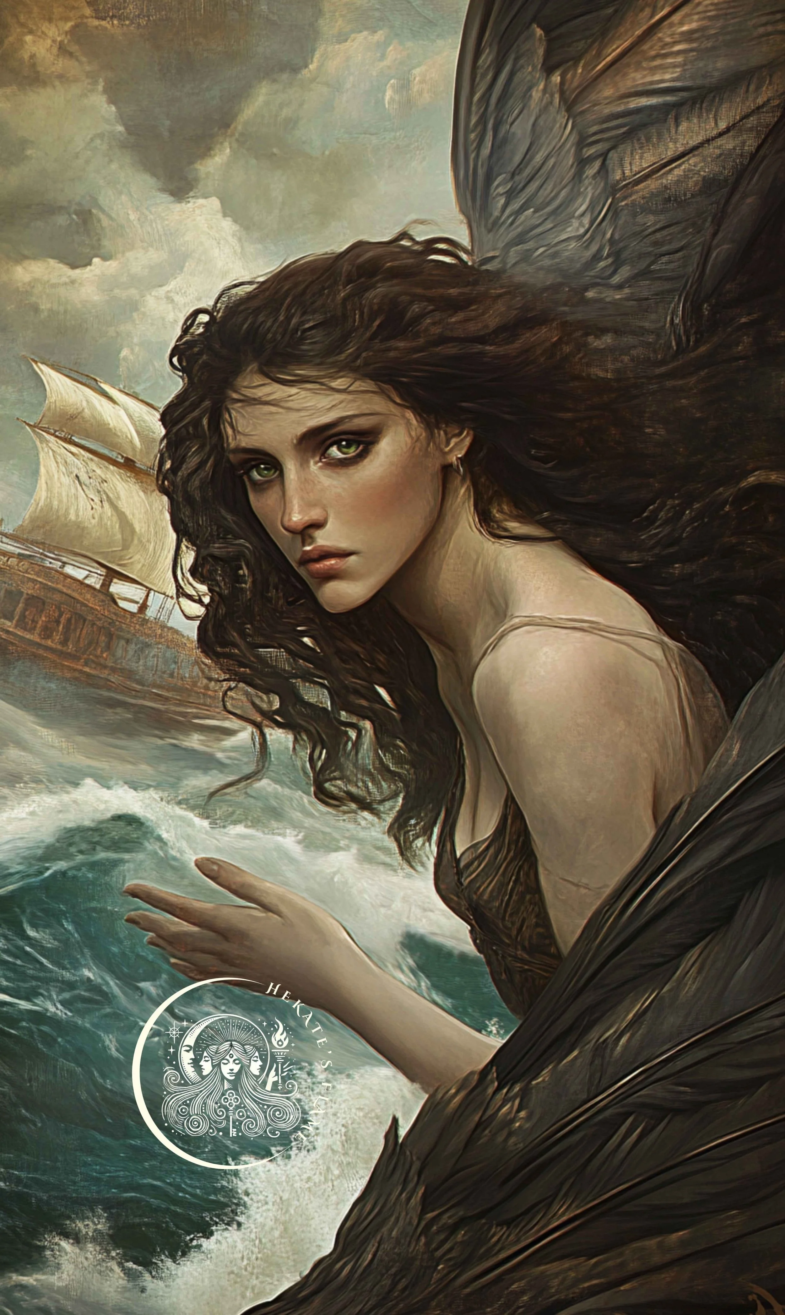 Winged Siren rising above turbulent waters under radiant clouds for a fantasy candle design.