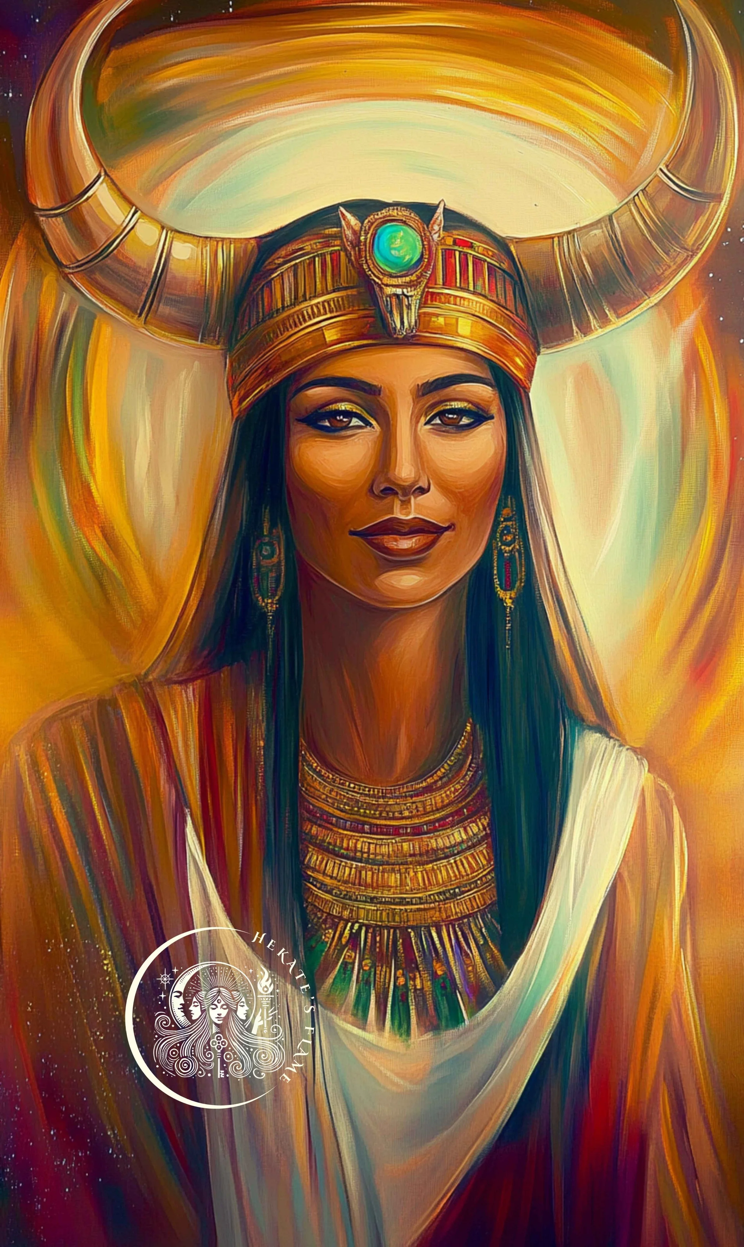 Hathor illuminated by solar light with a turquoise-accented crown, captured for Hathor-inspired candle imagery.