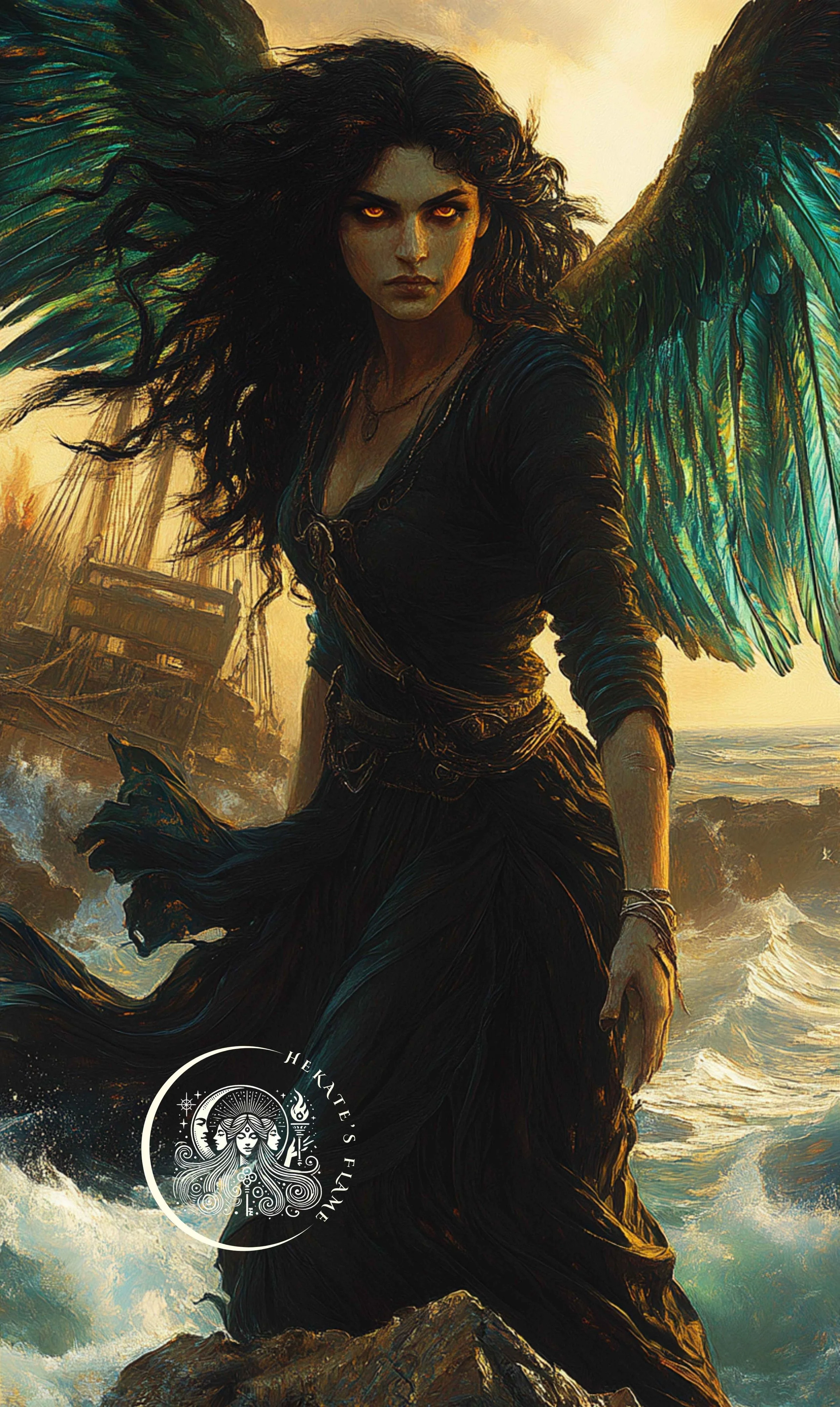 Storm-born Siren mid-stride through crashing waves for a sea goddess candle artwork.
