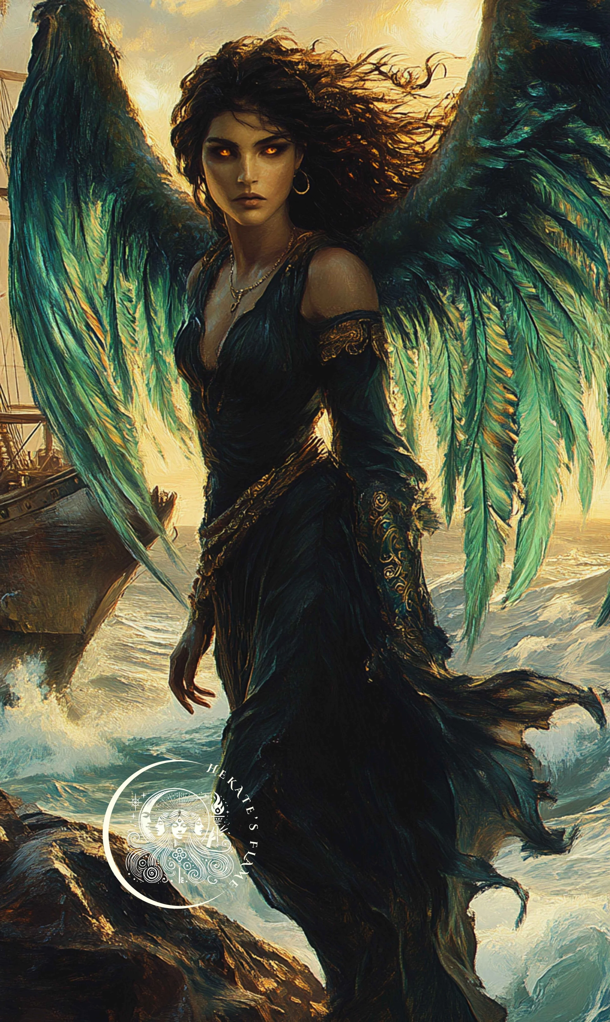 Elegant Siren with windswept hair and green wings for a mythology-inspired ocean candle.