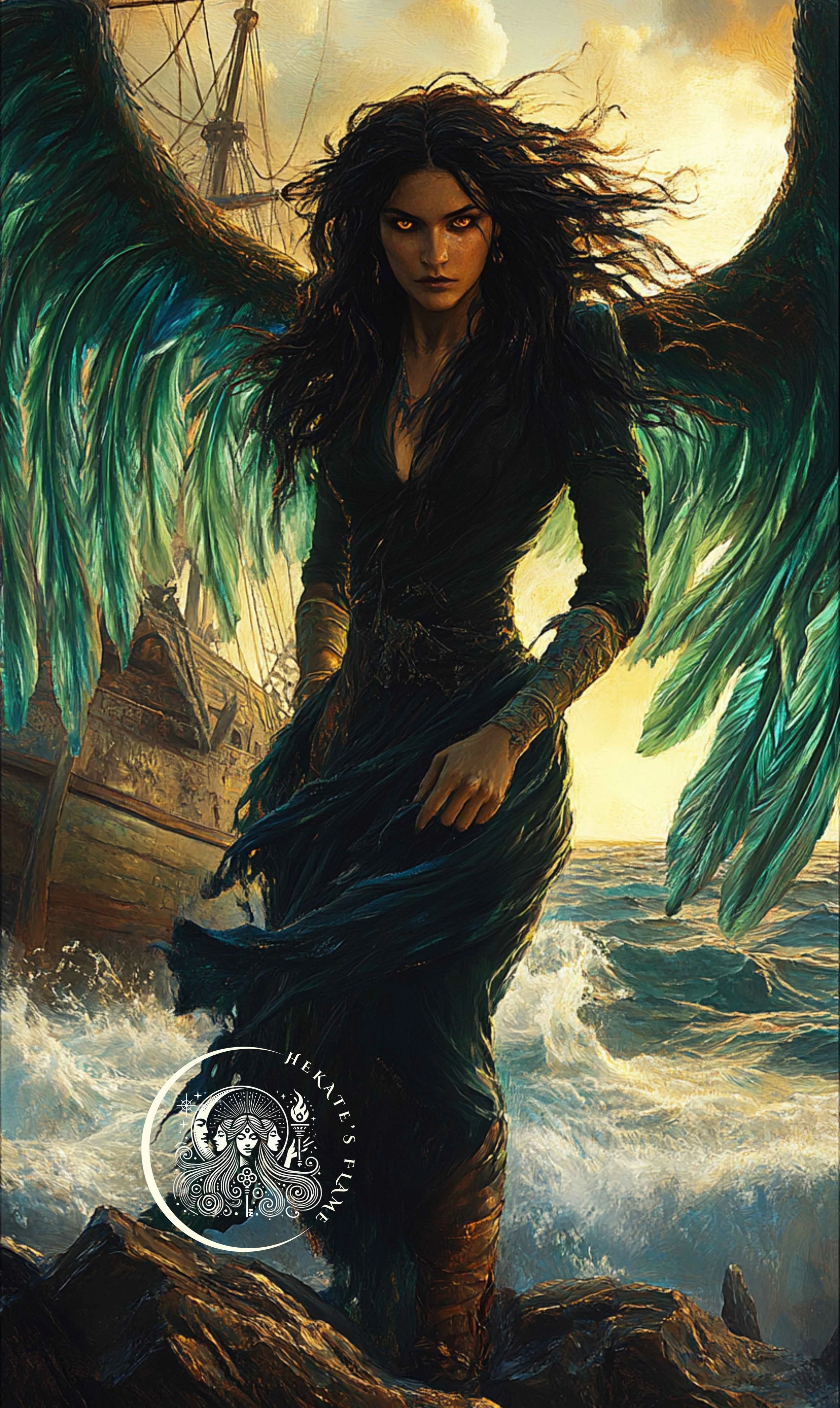 Intense Siren with flowing black dress and glowing eyes for a oceanic fantasy candle image.